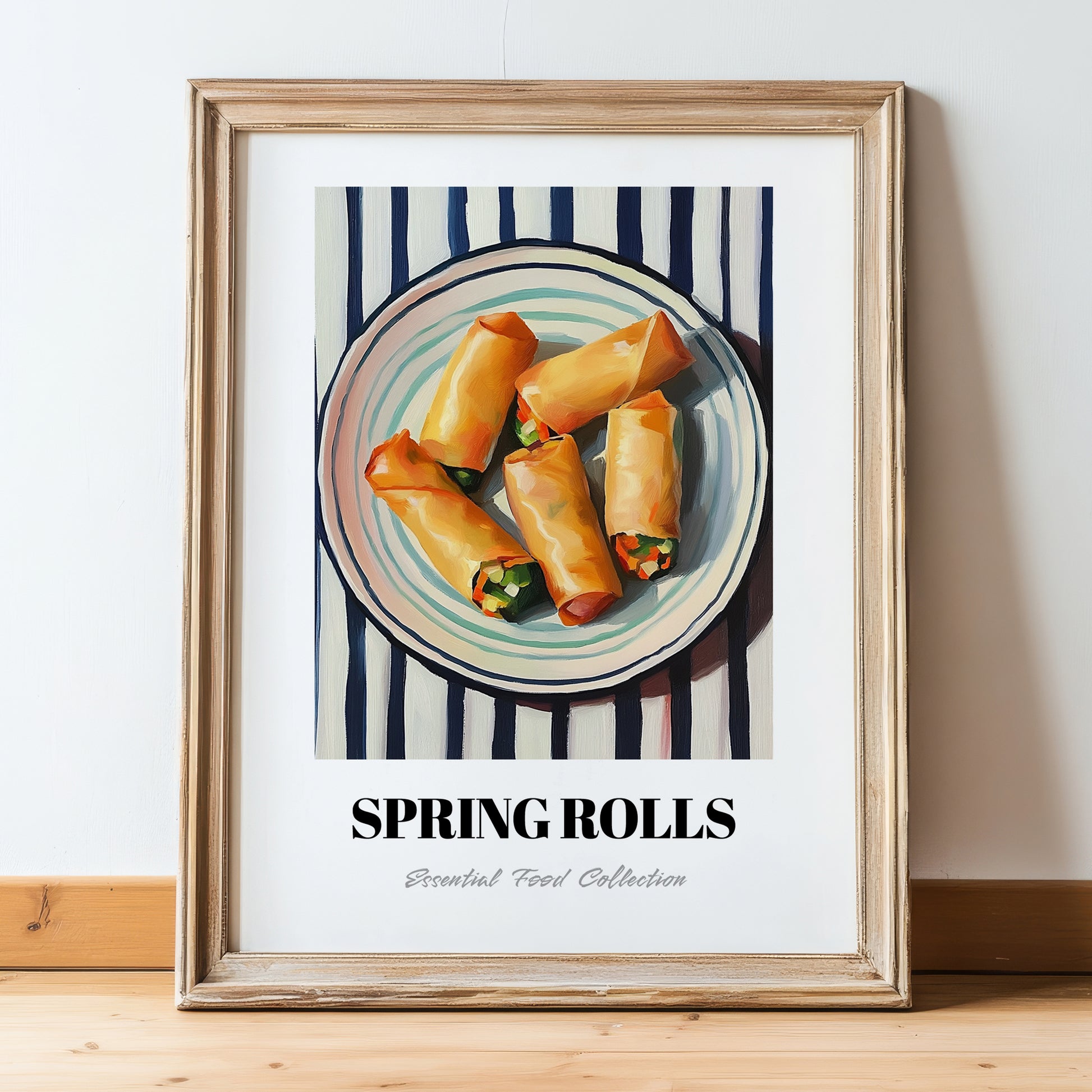 Spring Rolls – on Striped Tablecloth, Chinese Food Wall Decor, in wooden frame leaning on the floor