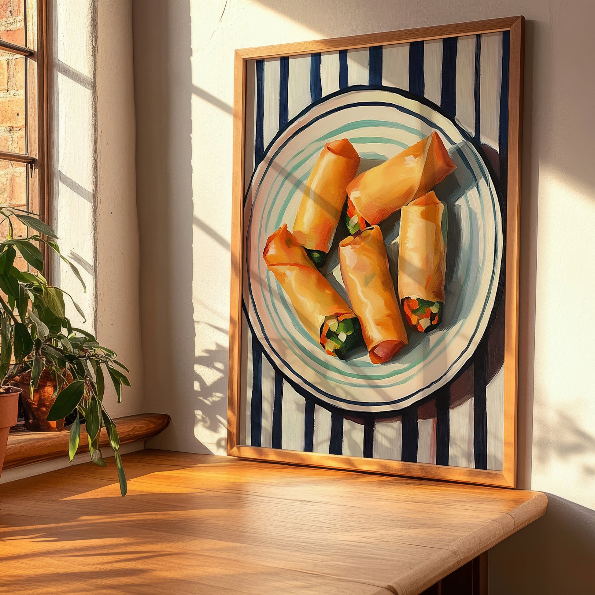 Spring Rolls – on Striped Tablecloth, Chinese Food Wall Decor, clean layout with no caption