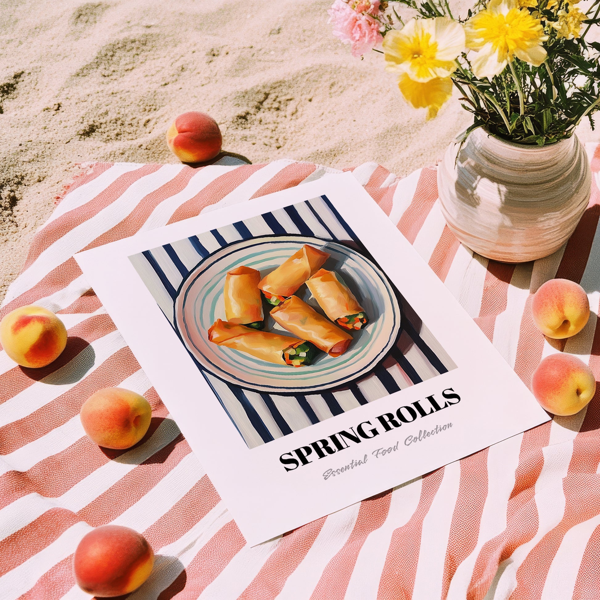 Spring Rolls – on Striped Tablecloth, Chinese Food Wall Decor, unframed on coastal sand