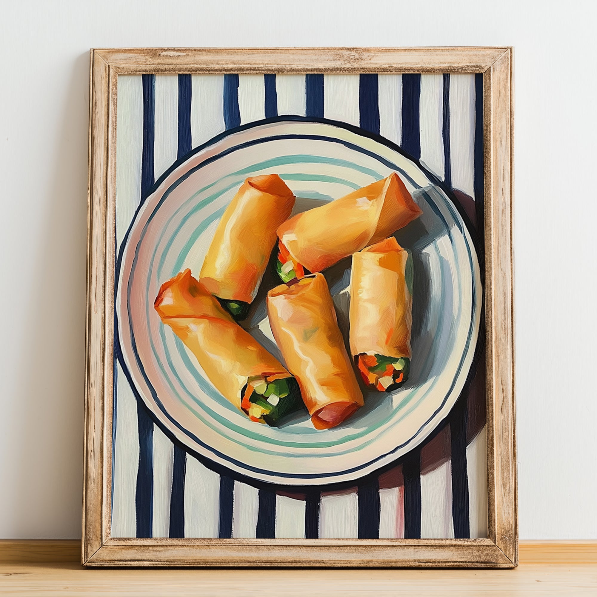 Spring Rolls – on Striped Tablecloth, Chinese Food Wall Decor, no-text version framed in wood