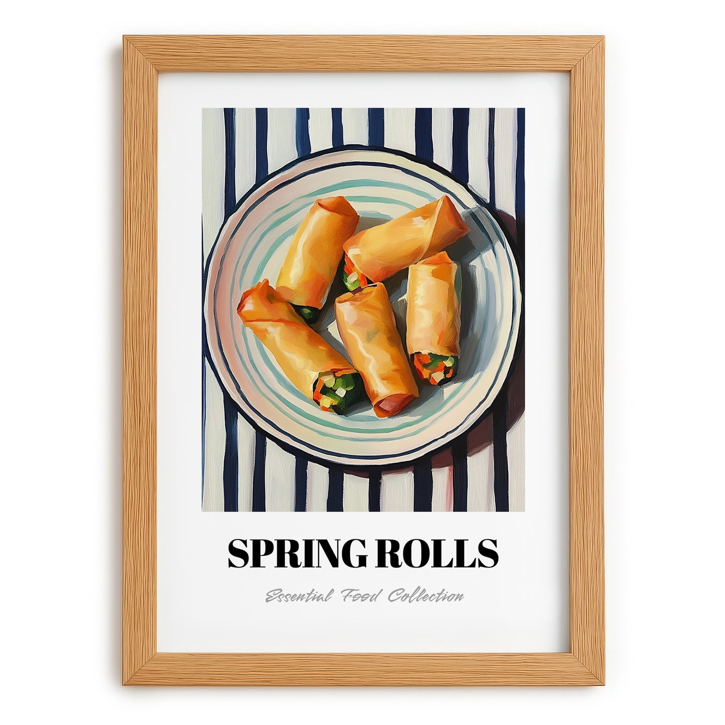 Spring Rolls – on Striped Tablecloth, Chinese Food Wall Decor, set in oak frame