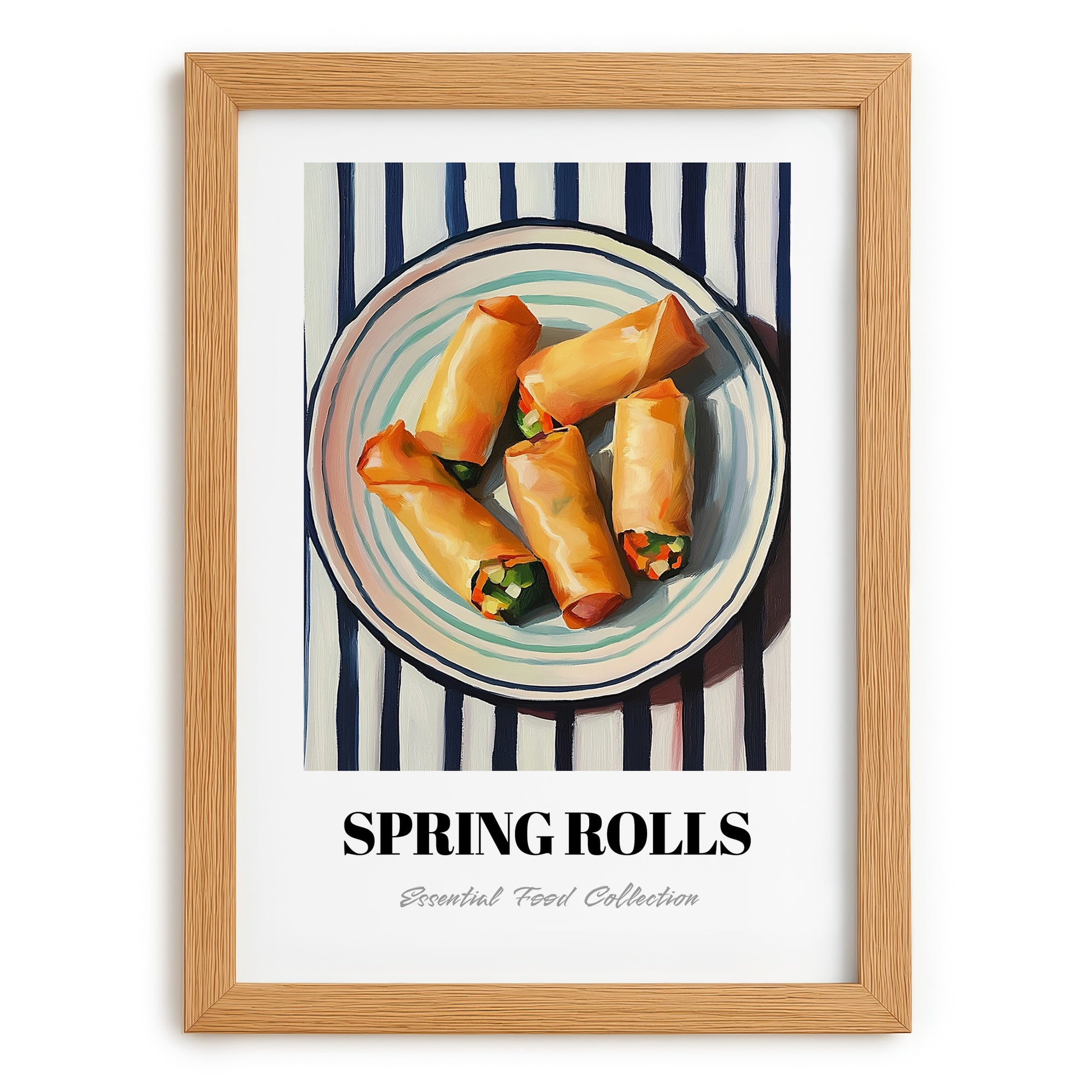 Spring Rolls – on Striped Tablecloth, Chinese Food Wall Decor, set in oak frame