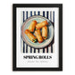 Spring Rolls – on Striped Tablecloth, Chinese Food Wall Decor, in sleek black frame
