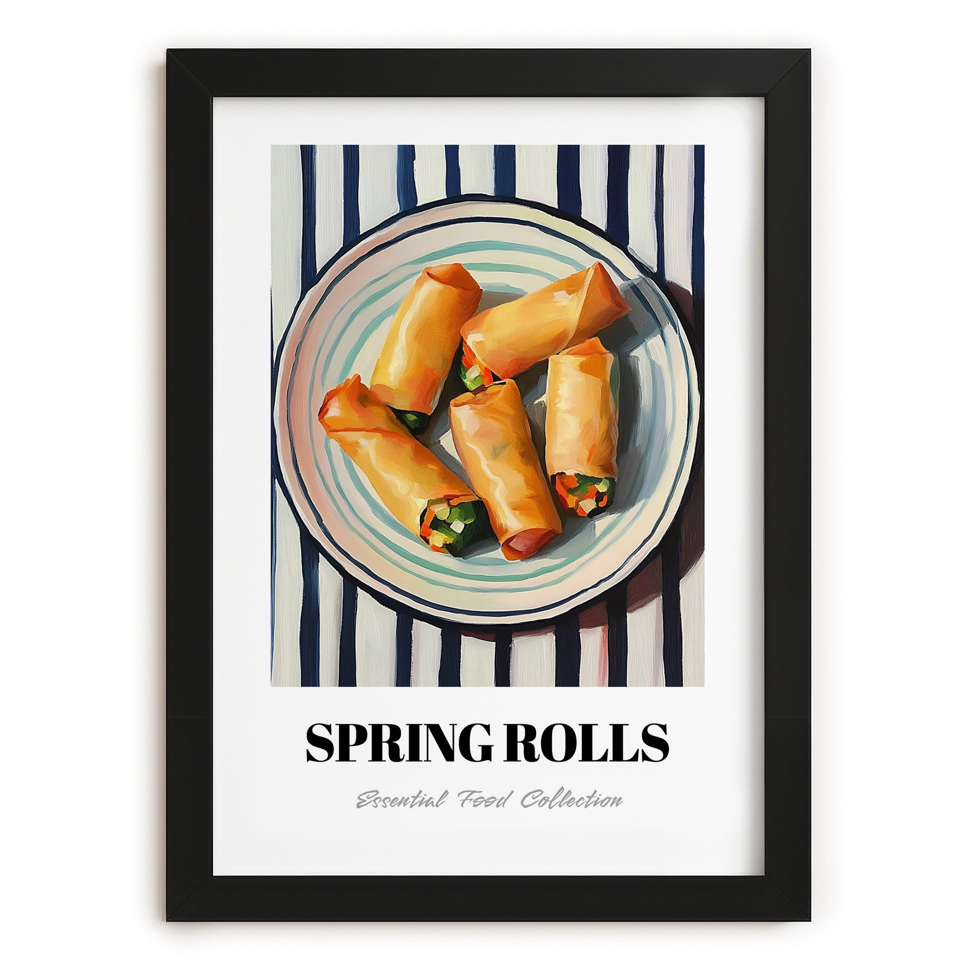 Spring Rolls – on Striped Tablecloth, Chinese Food Wall Decor, in sleek black frame