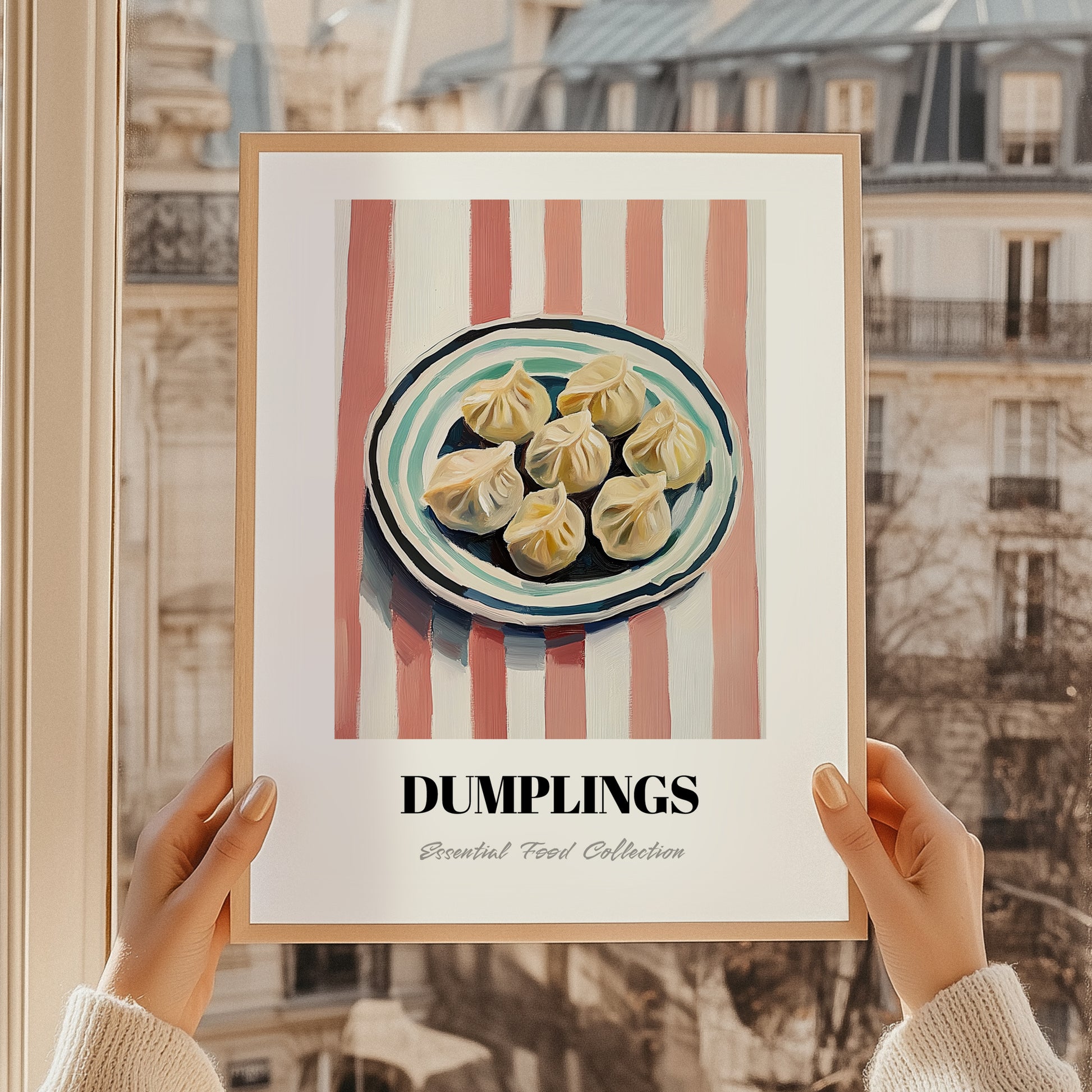 Dumplings – on Striped Tablecloth, Chinese Food Poster, styled in a charming Paris street view