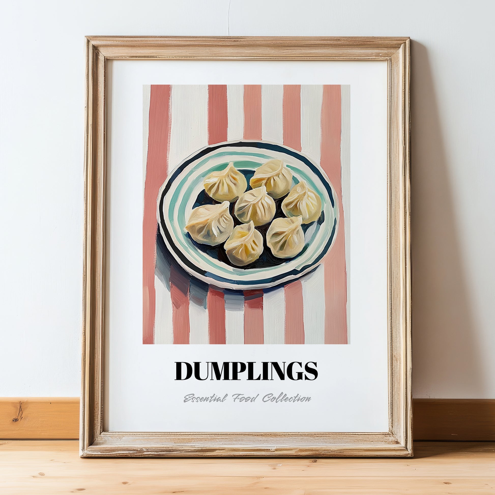 Dumplings – on Striped Tablecloth, Chinese Food Poster, in wooden frame leaning on the floor