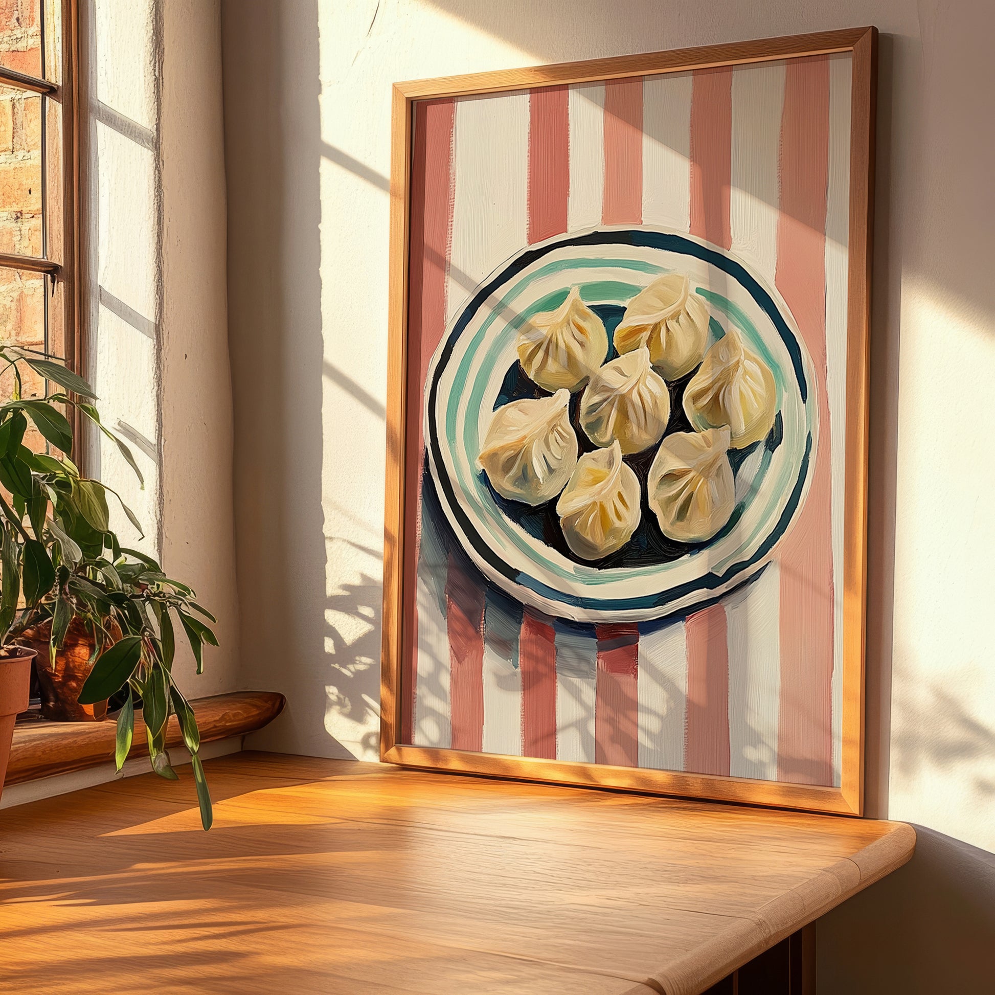 Dumplings – on Striped Tablecloth, Chinese Food Poster, clean layout with no caption
