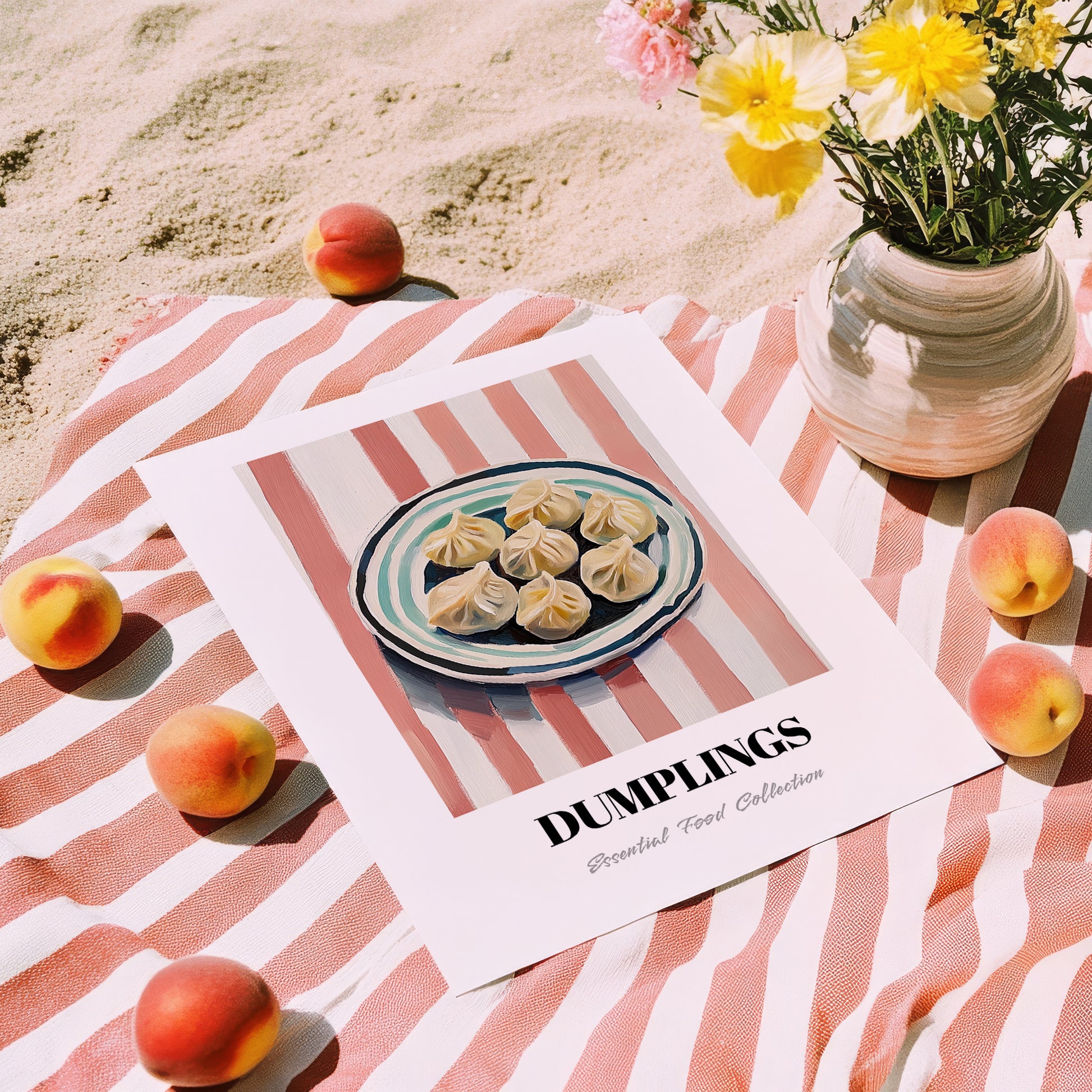 Dumplings – on Striped Tablecloth, Chinese Food Poster, unframed on coastal sand