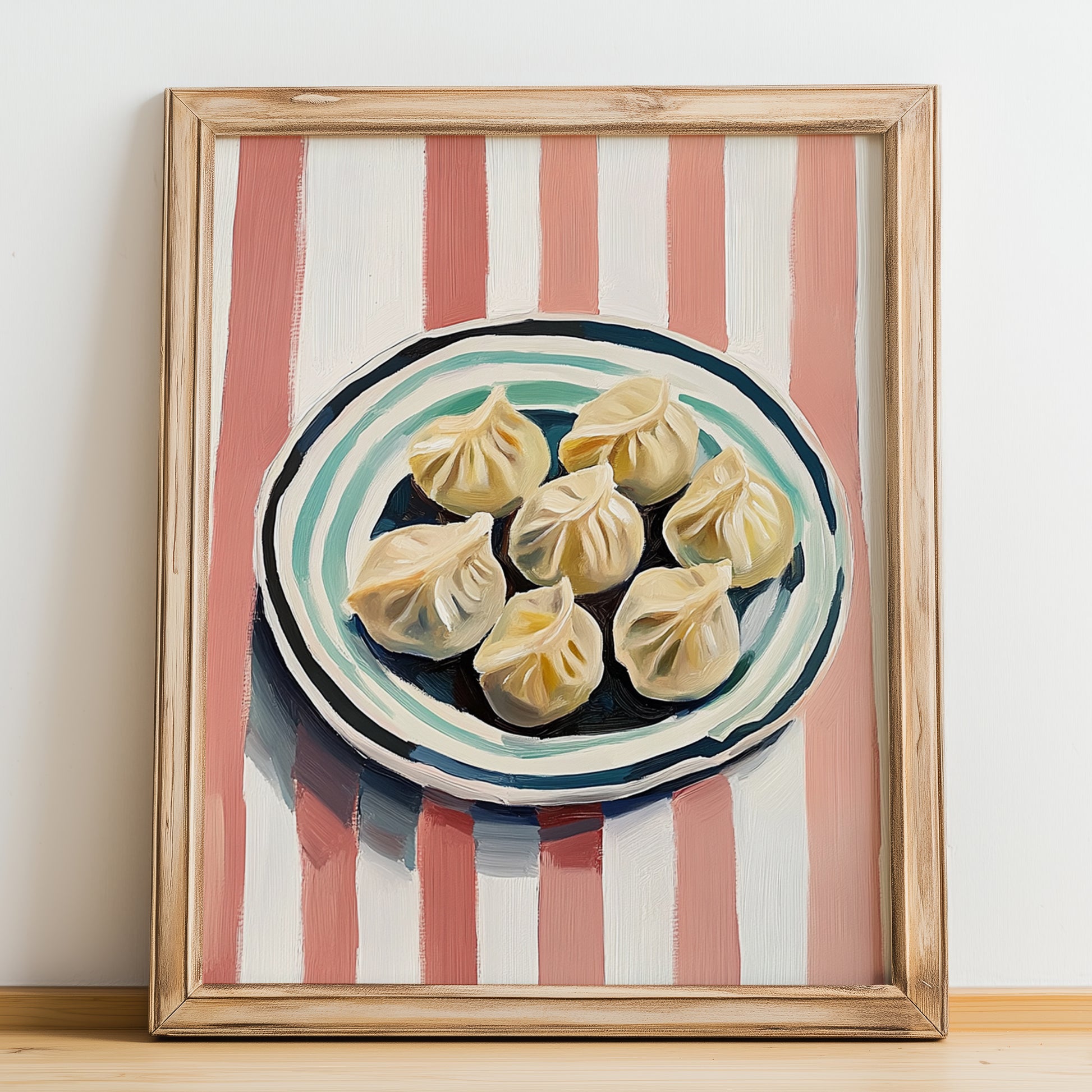 Dumplings – on Striped Tablecloth, Chinese Food Poster, no-text version framed in wood