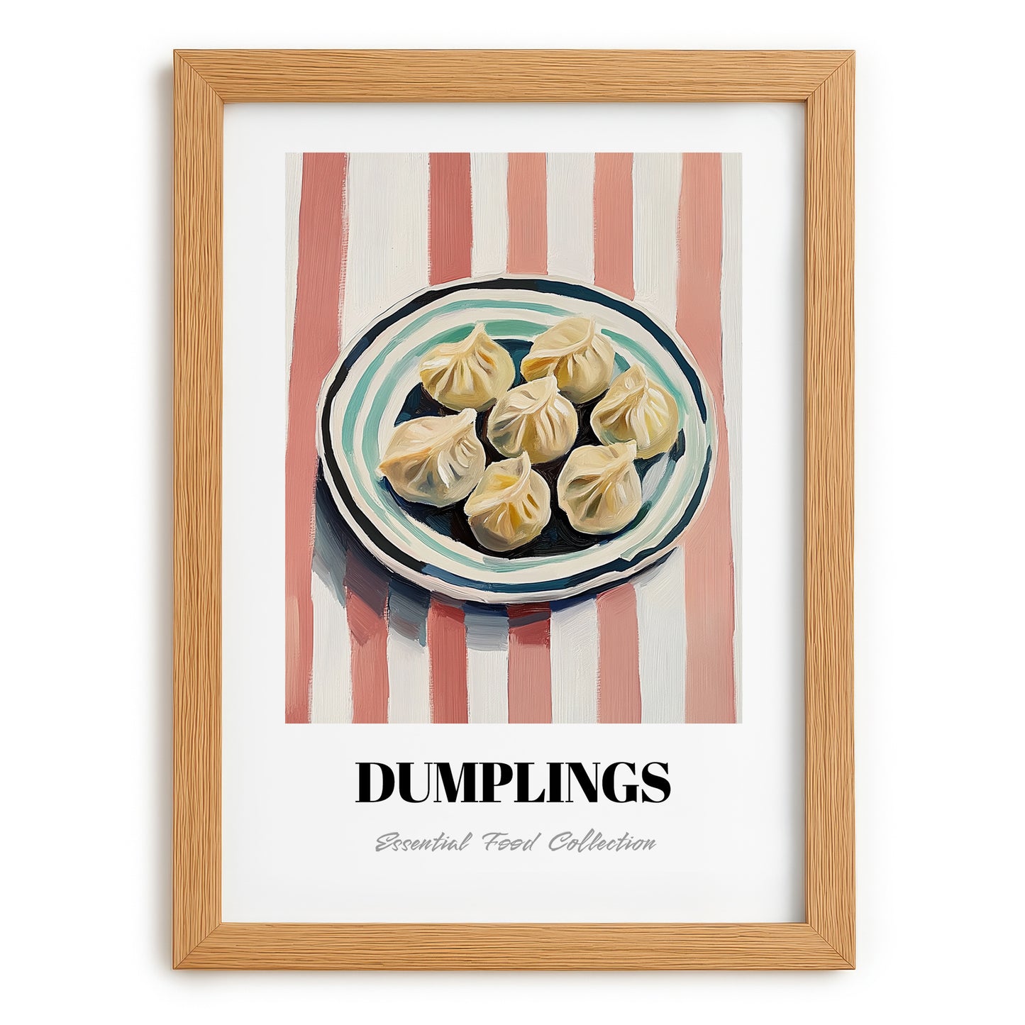 Dumplings – on Striped Tablecloth, Chinese Food Poster, set in oak frame