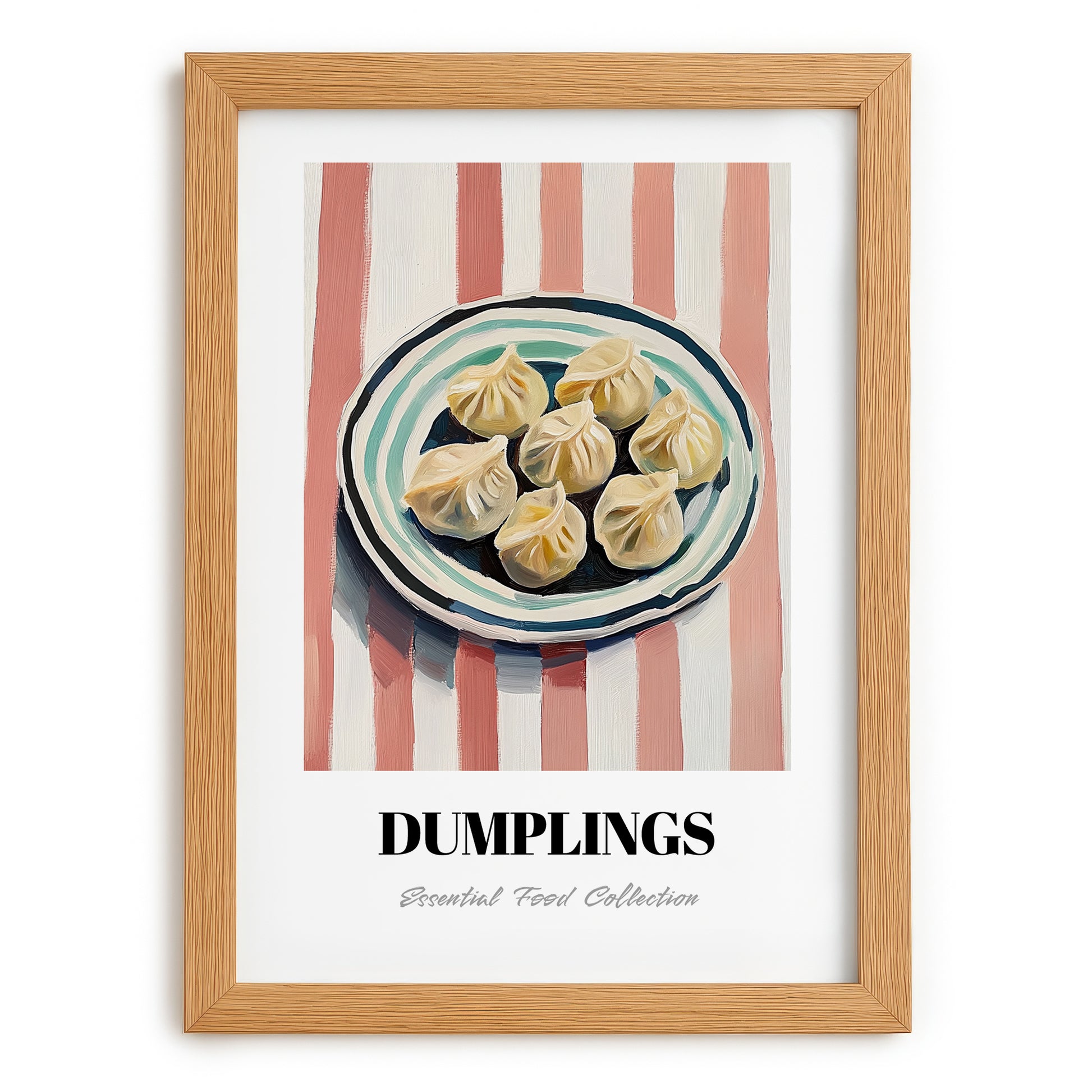 Dumplings – on Striped Tablecloth, Chinese Food Poster, set in oak frame