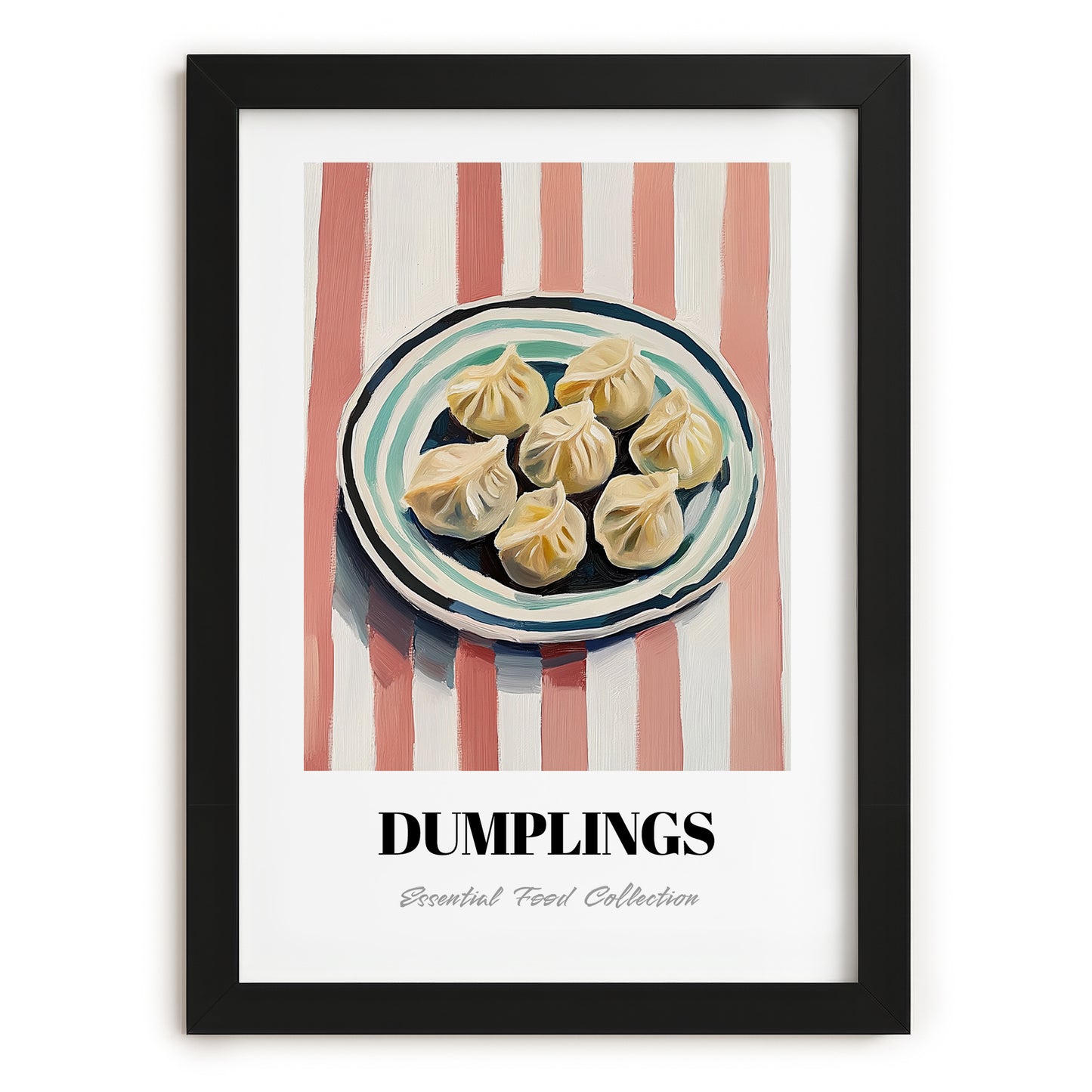 Dumplings – on Striped Tablecloth, Chinese Food Poster, in sleek black frame