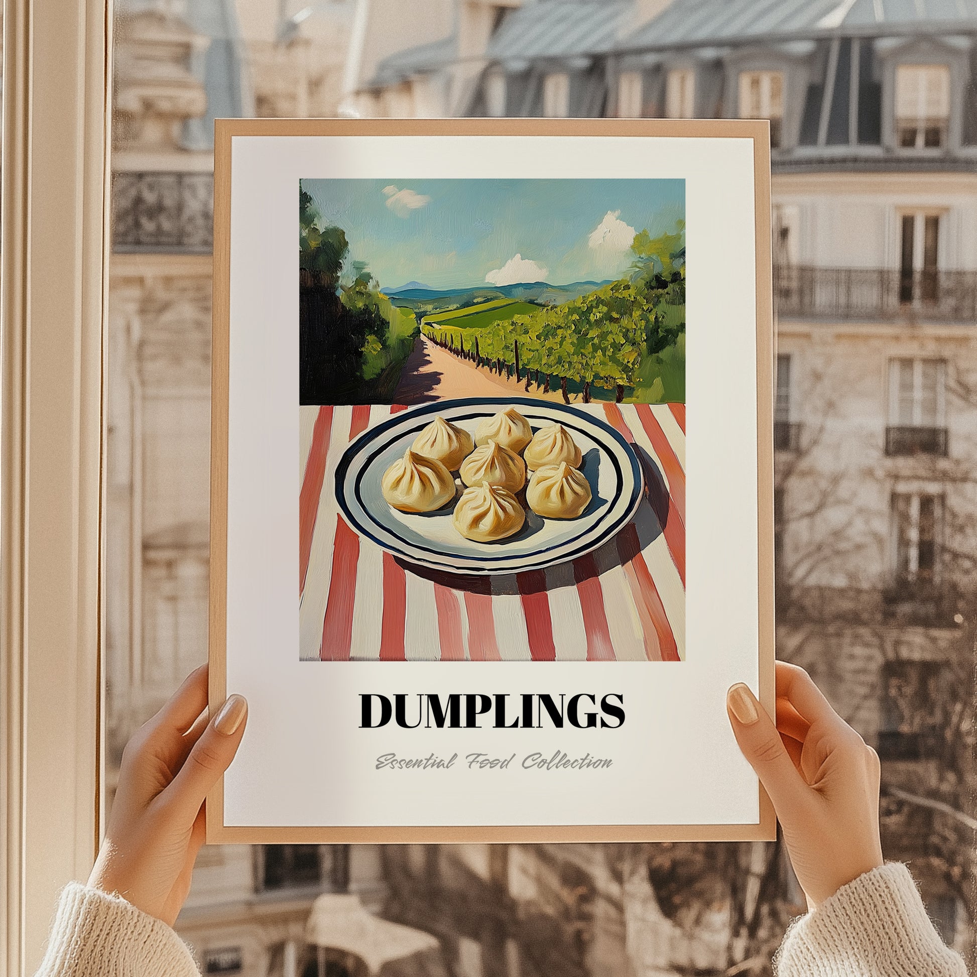 Dumplings – Hilltop Table Scene, Chinese Food Art, styled in a charming Paris street view