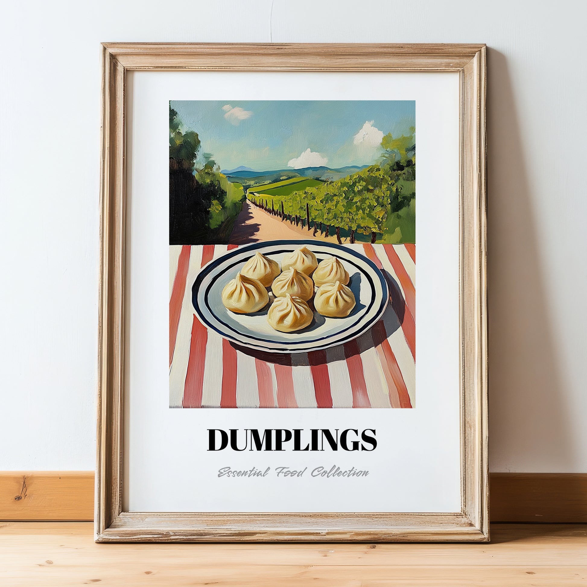 Dumplings – Hilltop Table Scene, Chinese Food Art, in wooden frame leaning on the floor