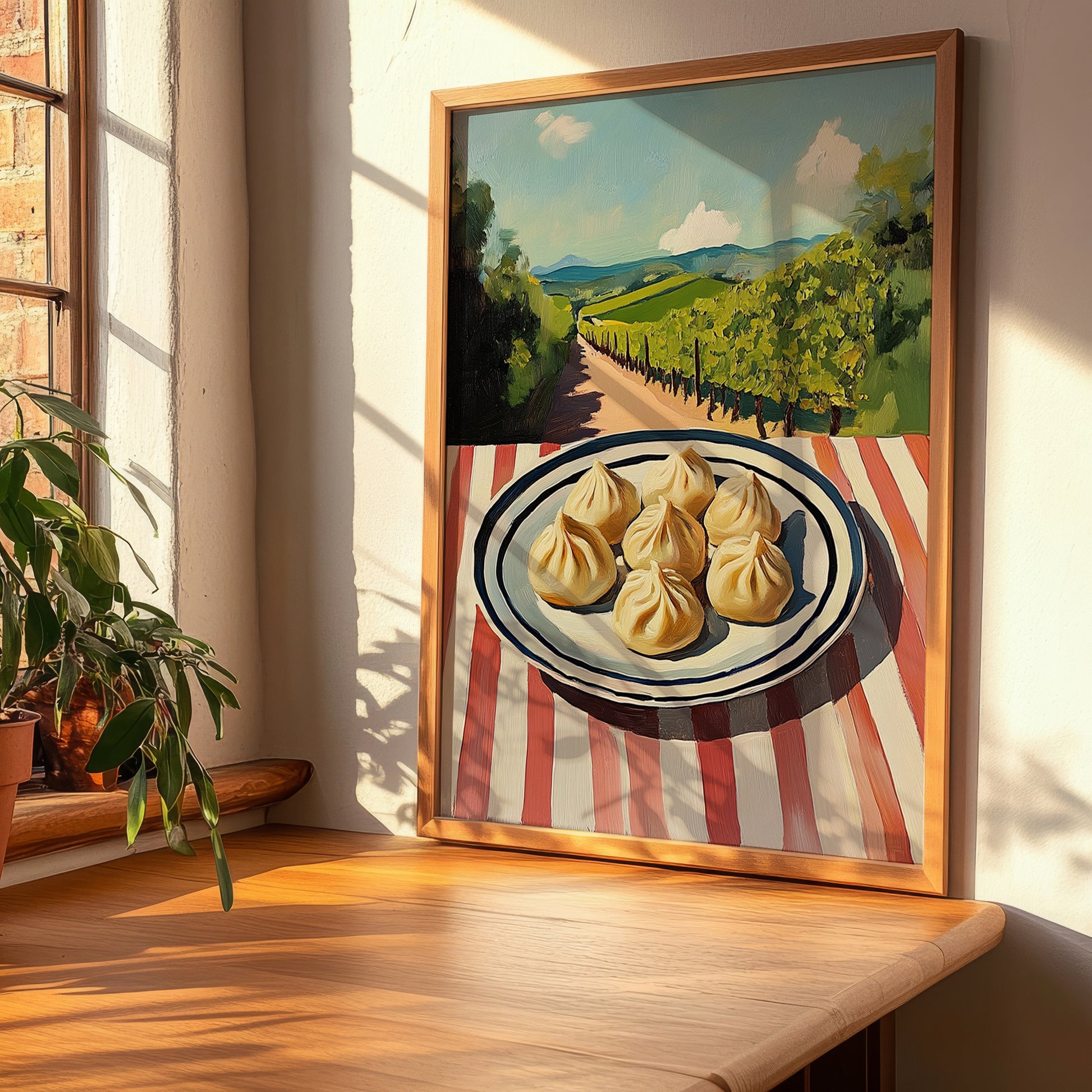 Dumplings – Hilltop Table Scene, Chinese Food Art, clean layout with no caption