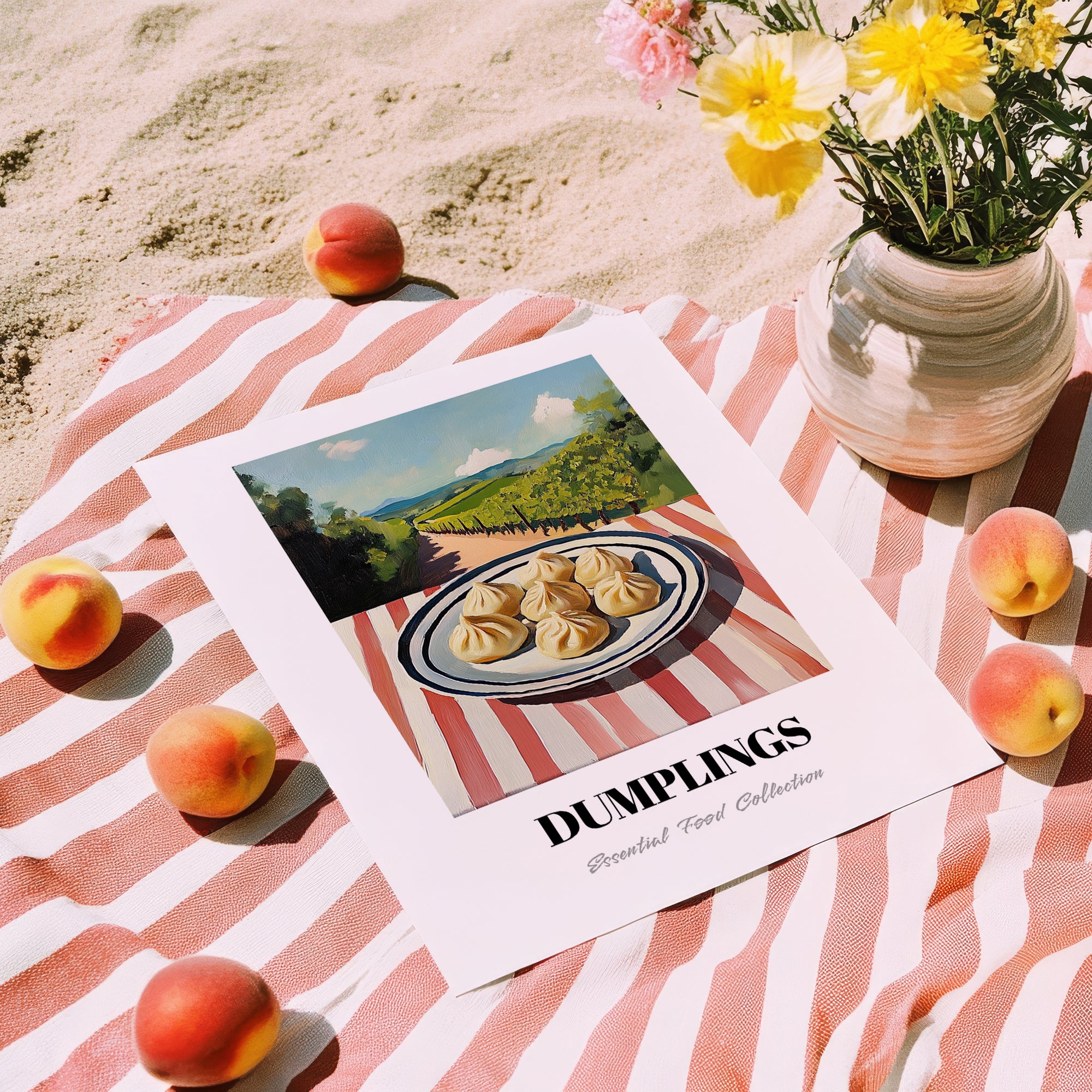Dumplings – Hilltop Table Scene, Chinese Food Art, unframed on coastal sand