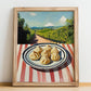 Dumplings – Hilltop Table Scene, Chinese Food Art, no-text version framed in wood