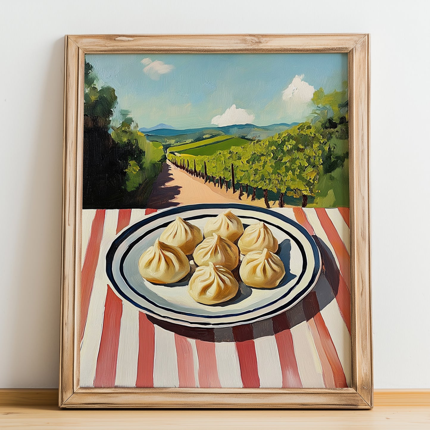 Dumplings – Hilltop Table Scene, Chinese Food Art, no-text version framed in wood