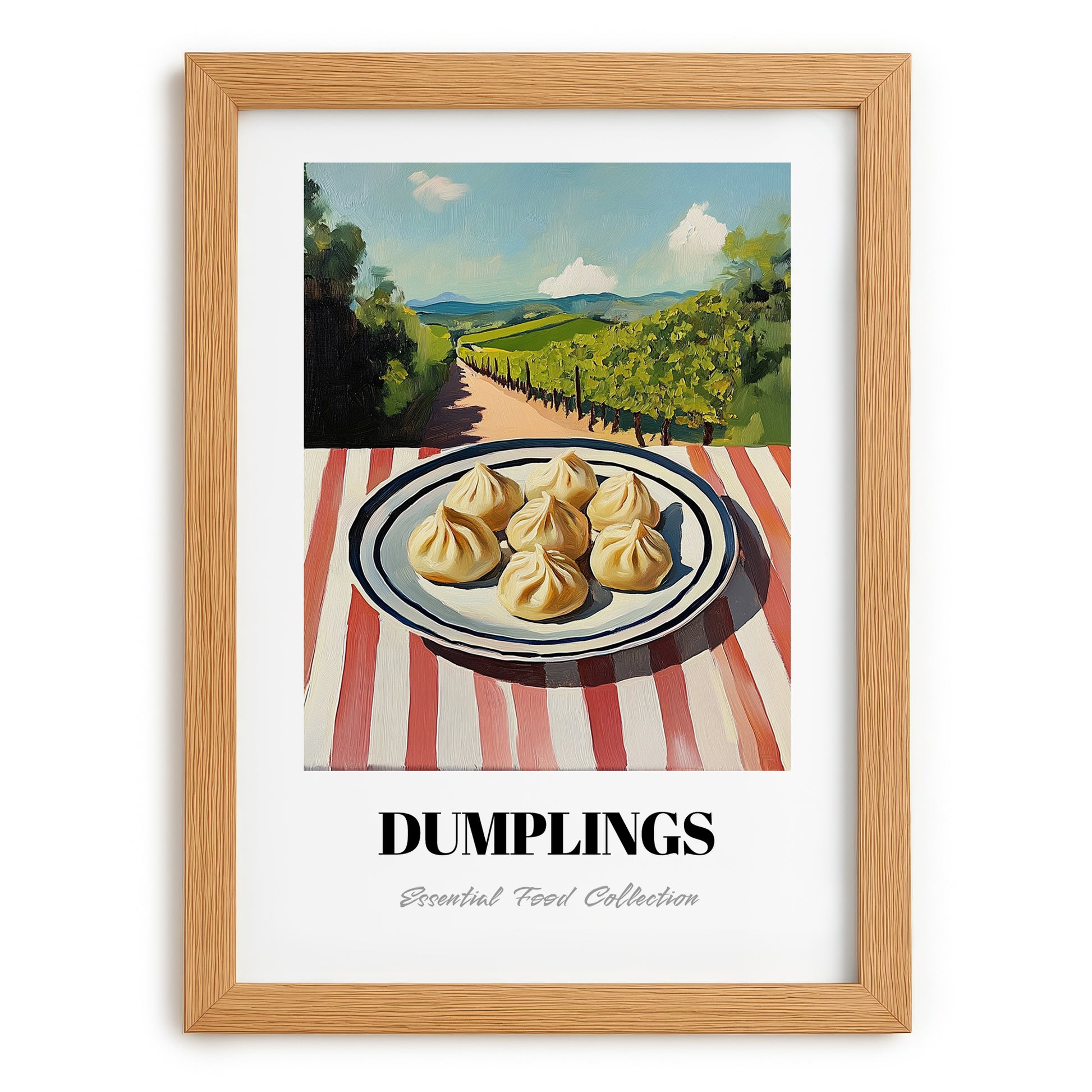 Dumplings – Hilltop Table Scene, Chinese Food Art, set in oak frame