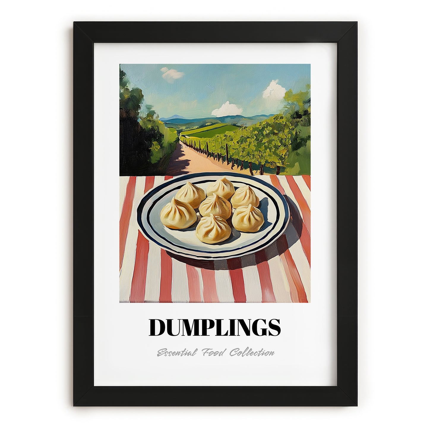 Dumplings – Hilltop Table Scene, Chinese Food Art, in sleek black frame