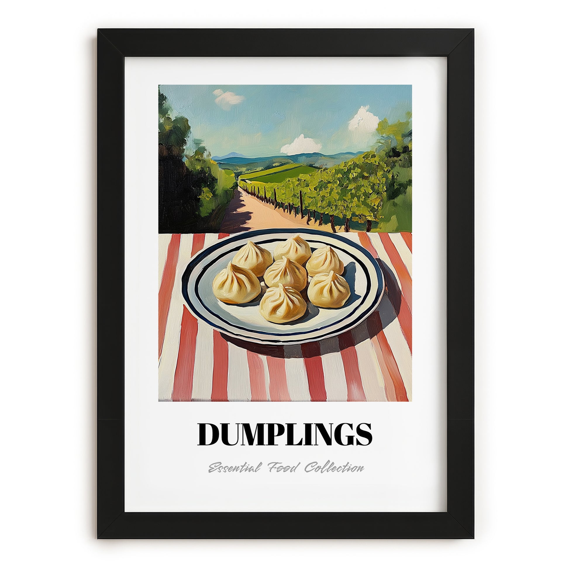 Dumplings – Hilltop Table Scene, Chinese Food Art, in sleek black frame