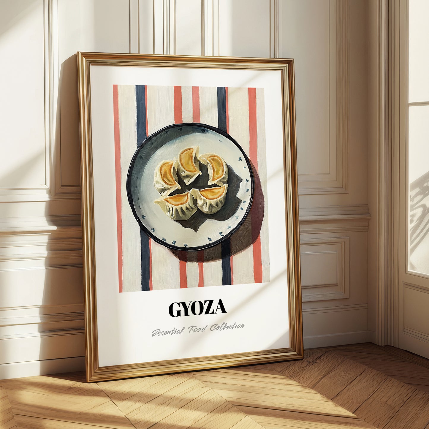 Gyoza – on Striped Tablecloth, Japanese Food Wall Art