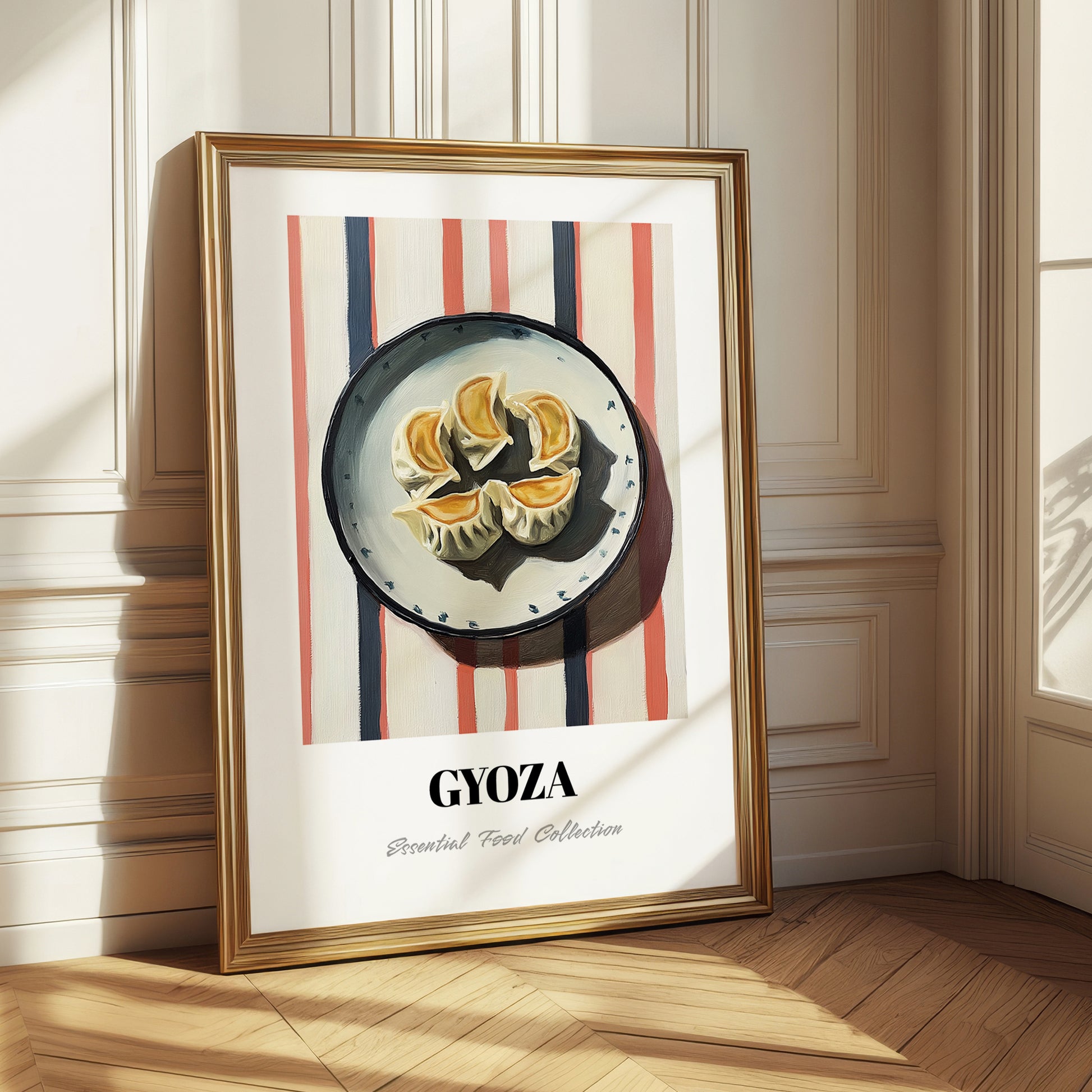 Gyoza – on Striped Tablecloth, Japanese Food Wall Art