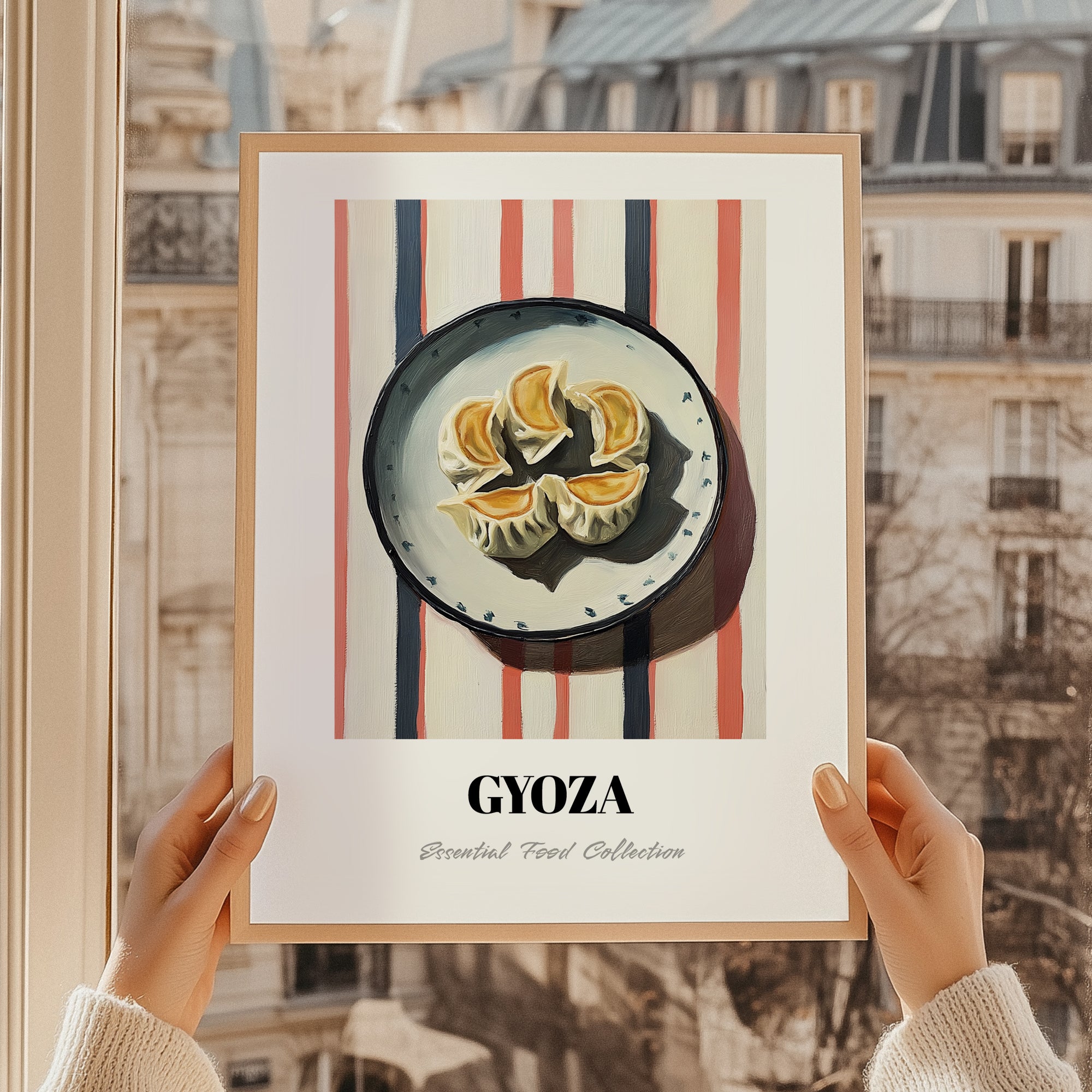 Gyoza – on Striped Tablecloth, Japanese Food Wall Art, styled in a charming Paris street view