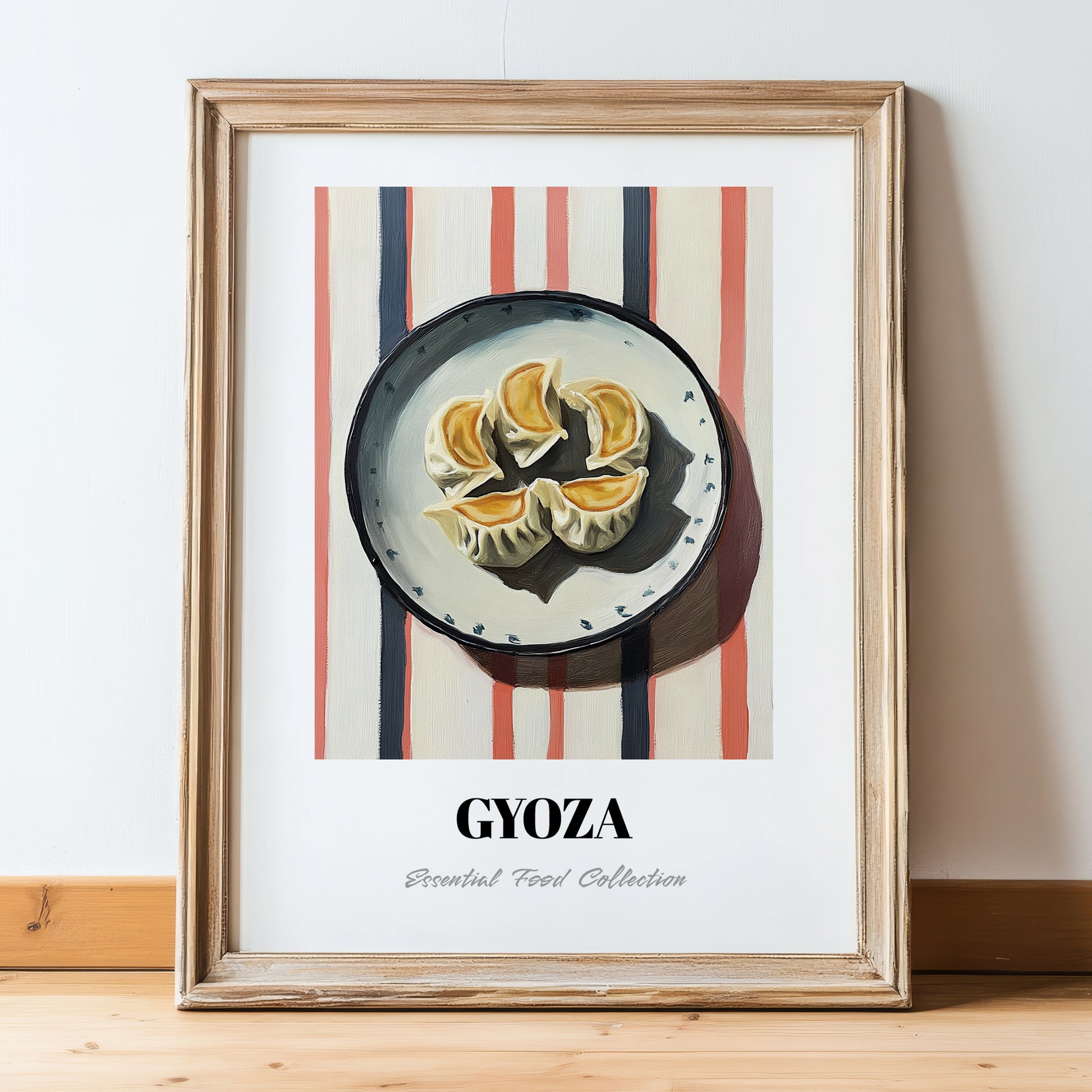 Gyoza – on Striped Tablecloth, Japanese Food Wall Art, in wooden frame leaning on the floor