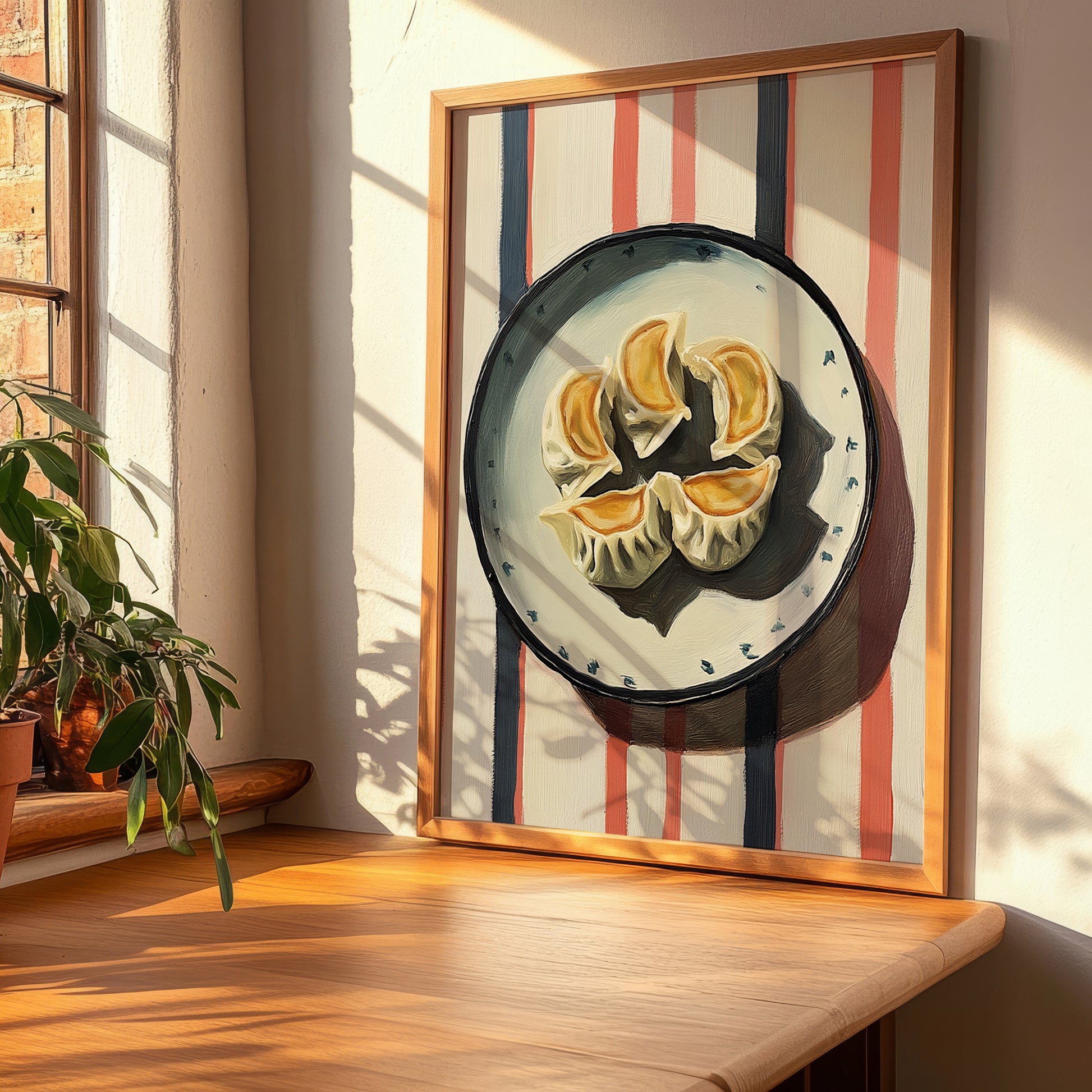 Gyoza – on Striped Tablecloth, Japanese Food Wall Art, clean layout with no caption