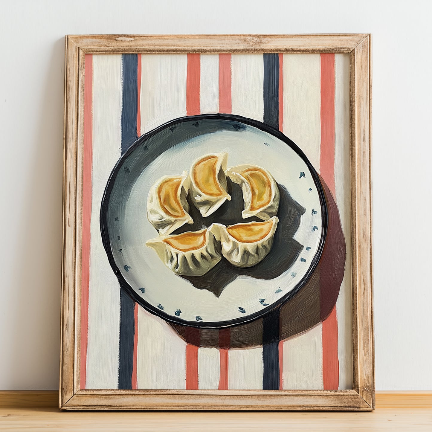 Gyoza – on Striped Tablecloth, Japanese Food Wall Art, no-text version framed in wood