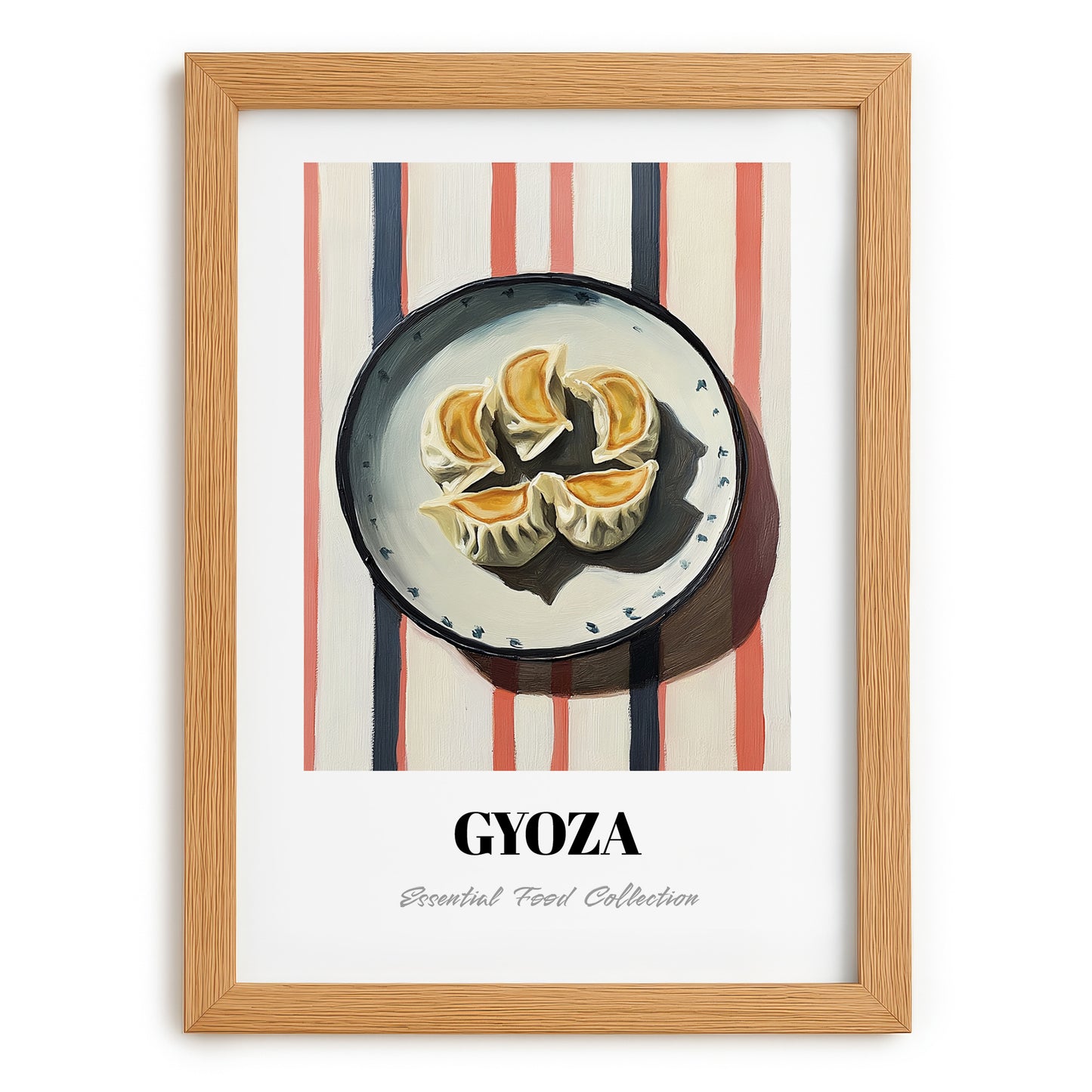 Gyoza – on Striped Tablecloth, Japanese Food Wall Art, set in oak frame