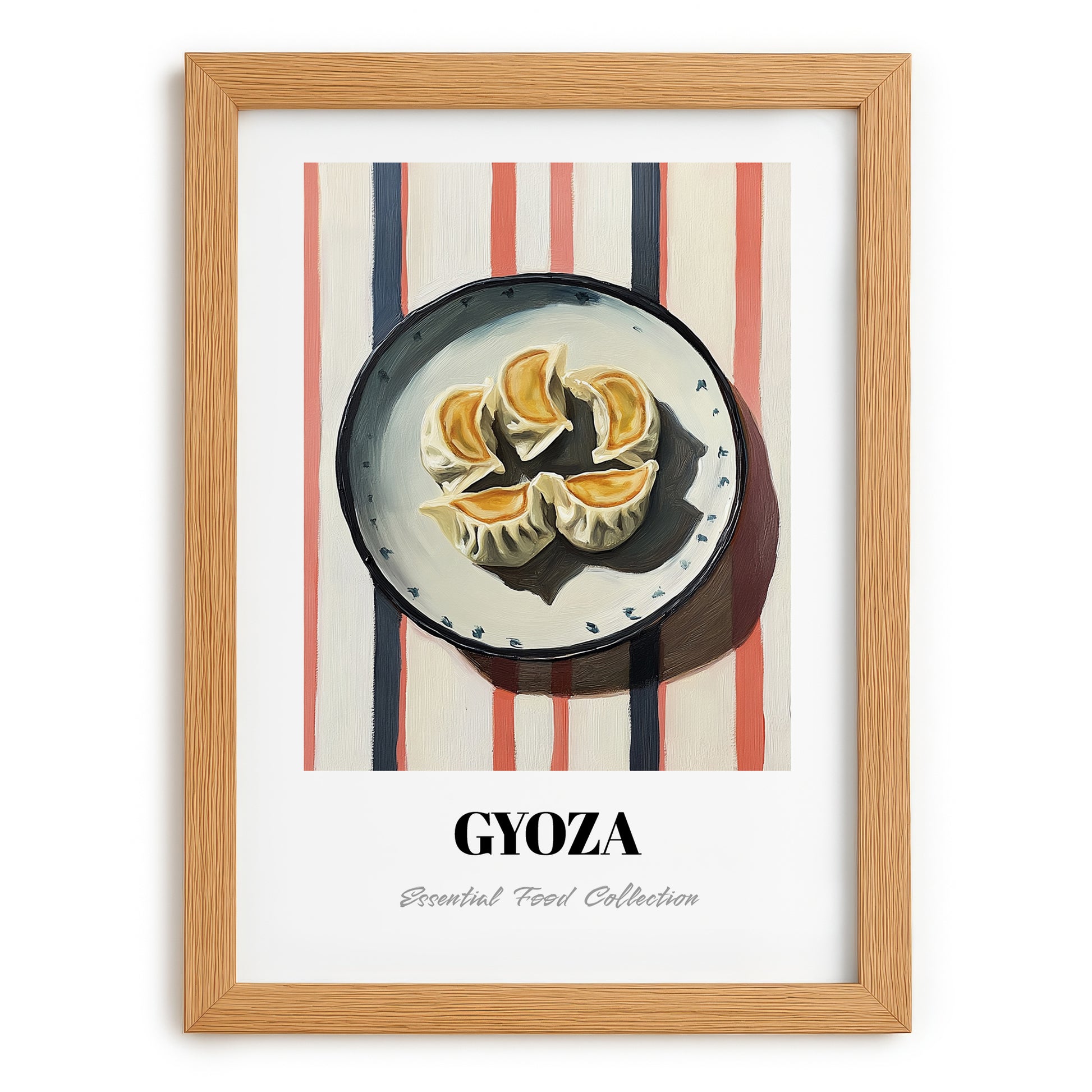 Gyoza – on Striped Tablecloth, Japanese Food Wall Art, set in oak frame