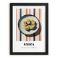 Gyoza – on Striped Tablecloth, Japanese Food Wall Art, in sleek black frame