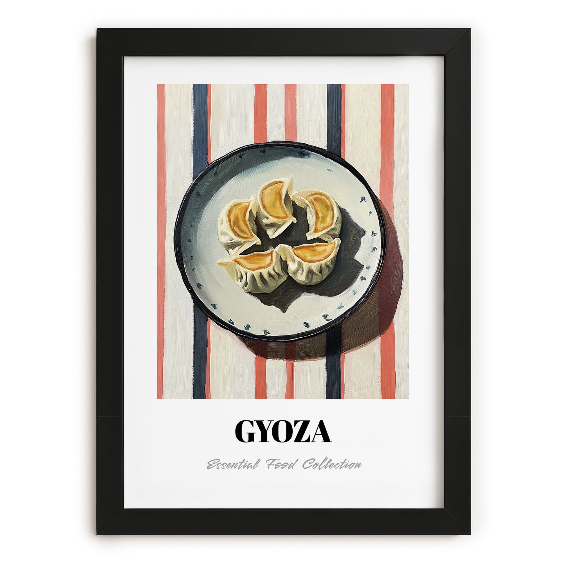 Gyoza – on Striped Tablecloth, Japanese Food Wall Art, in sleek black frame