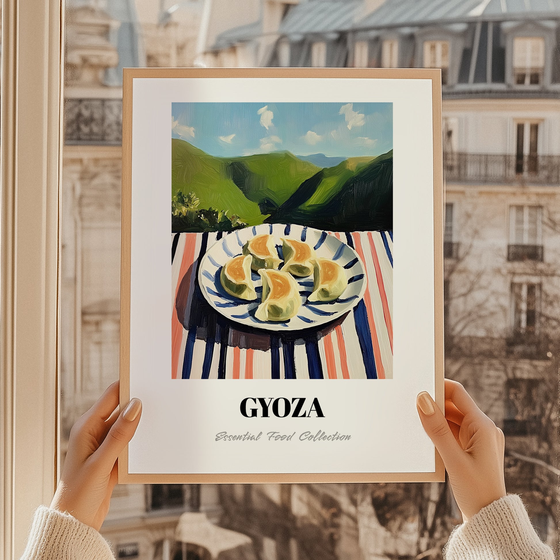Gyoza – Hilltop Café Scene, Japanese Food Wall Decor, styled in a charming Paris street view