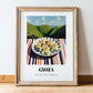 Gyoza – Hilltop Café Scene, Japanese Food Wall Decor, in wooden frame leaning on the floor