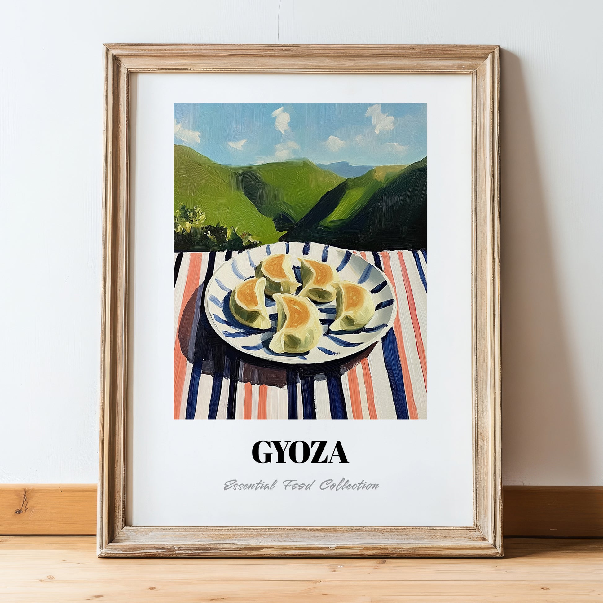 Gyoza – Hilltop Café Scene, Japanese Food Wall Decor, in wooden frame leaning on the floor