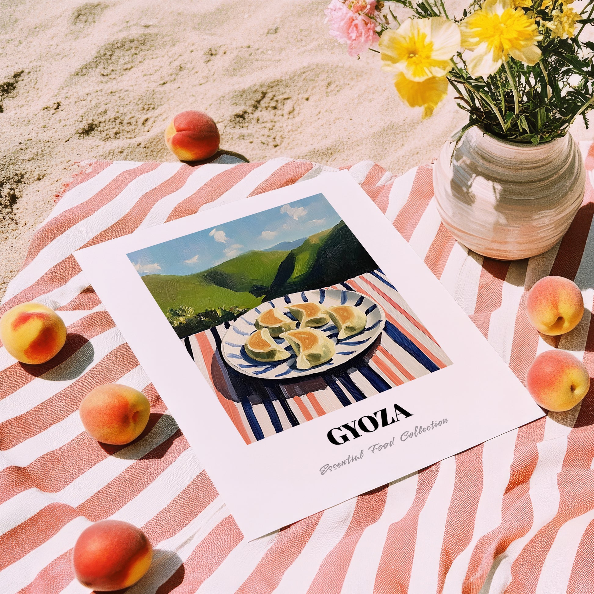 Gyoza – Hilltop Café Scene, Japanese Food Wall Decor, unframed on coastal sand