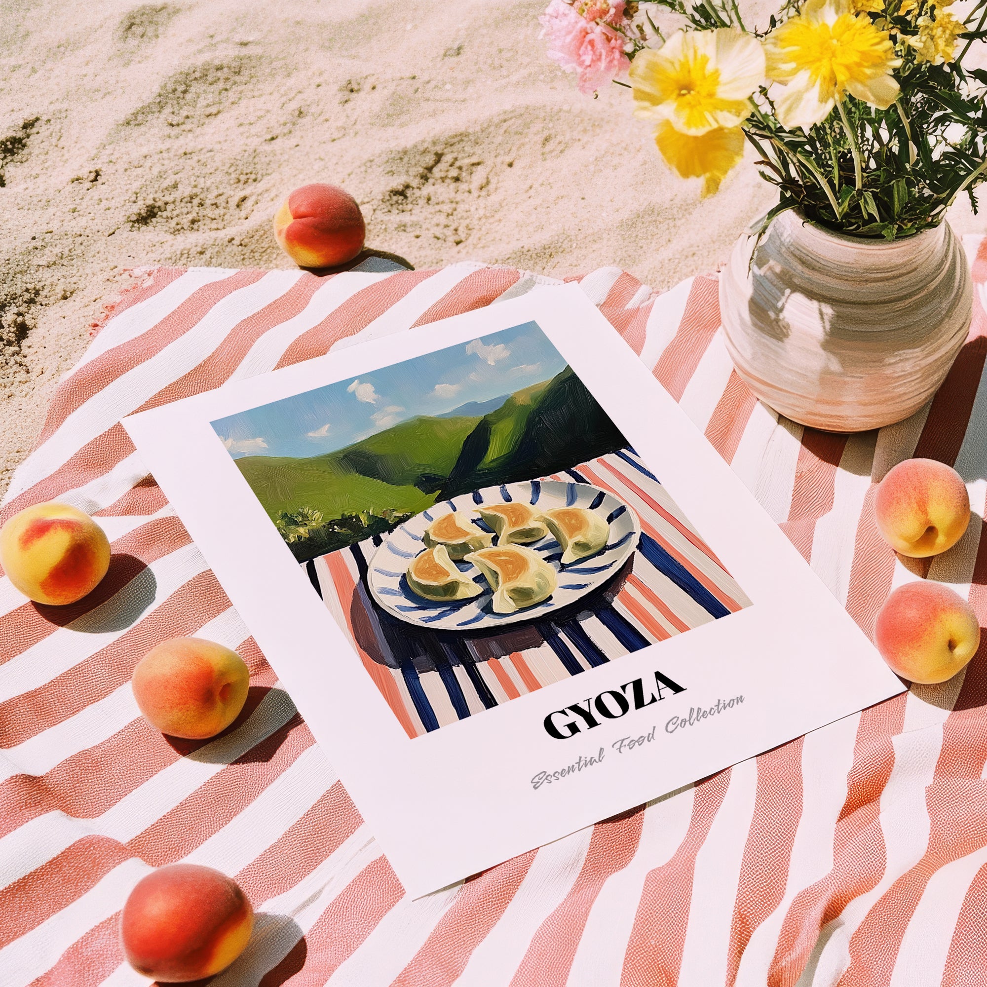 Gyoza – Hilltop Café Scene, Japanese Food Wall Decor, unframed on coastal sand