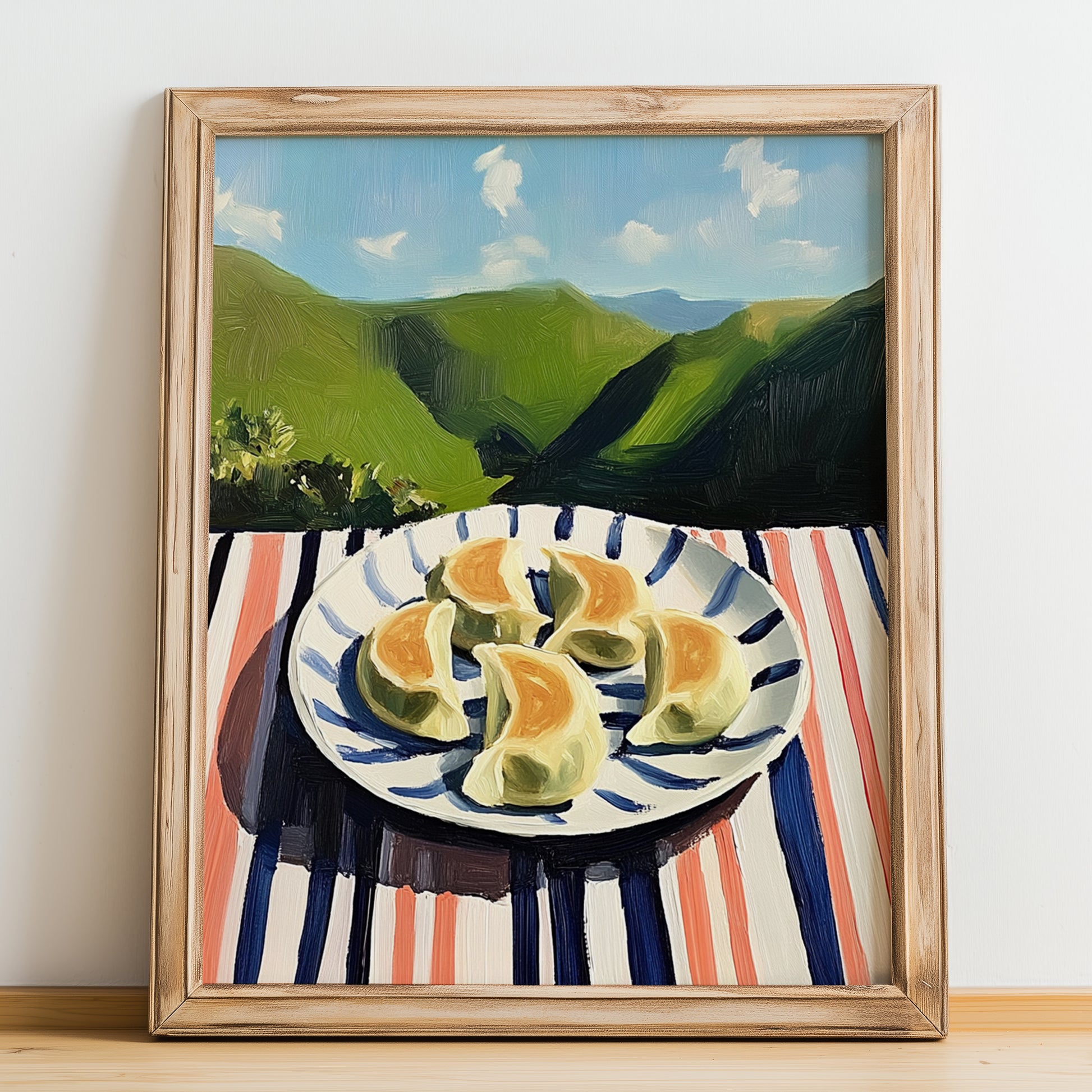 Gyoza – Hilltop Café Scene, Japanese Food Wall Decor, no-text version framed in wood