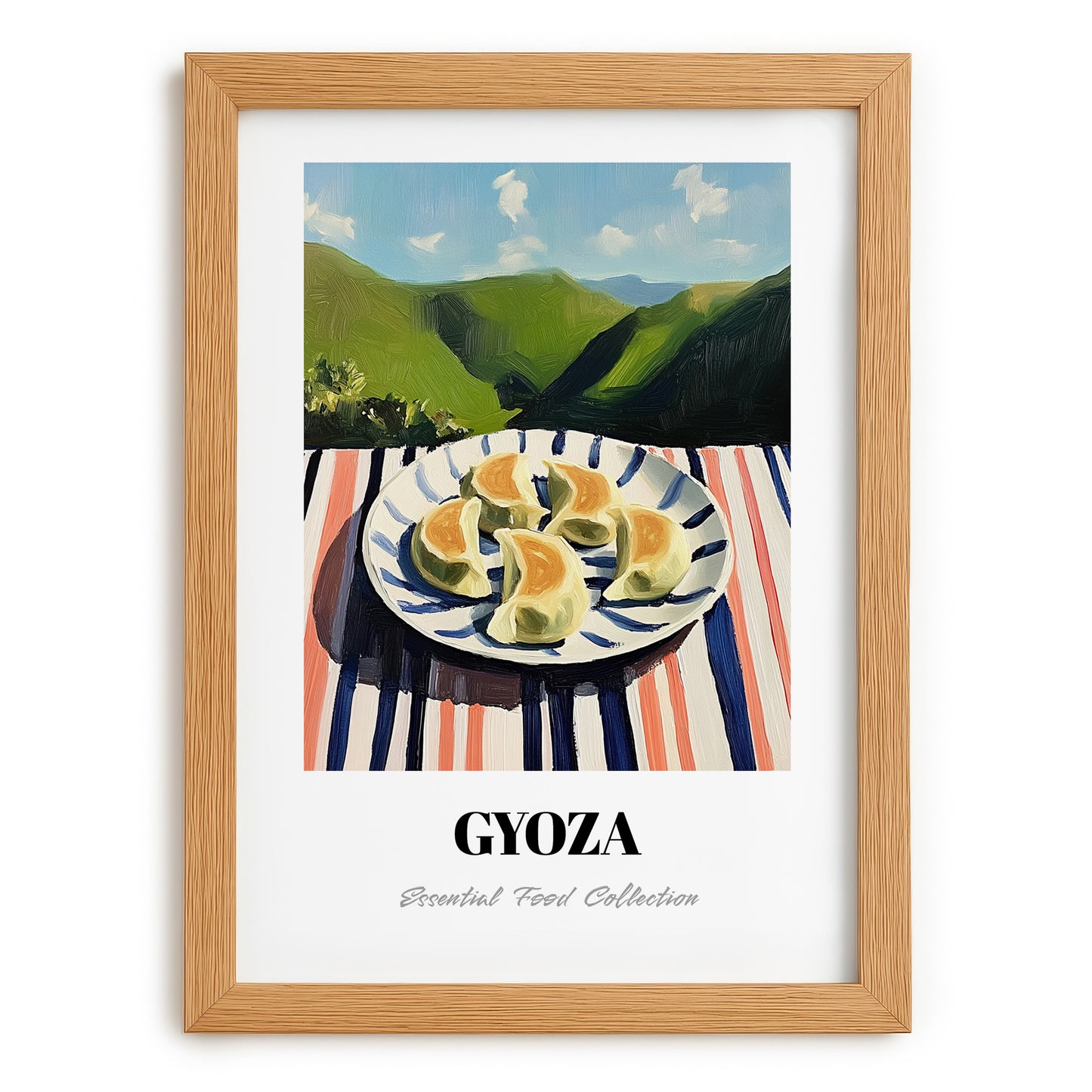 Gyoza – Hilltop Café Scene, Japanese Food Wall Decor, set in oak frame