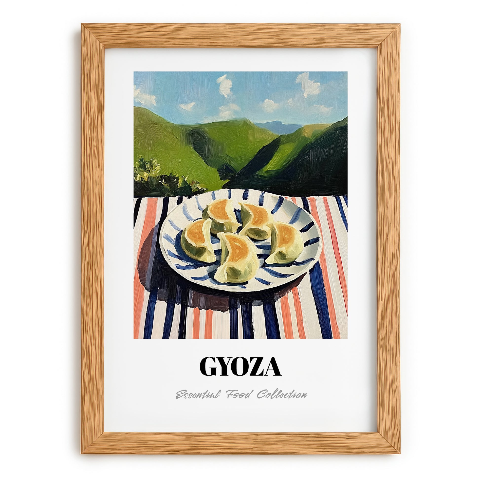 Gyoza – Hilltop Café Scene, Japanese Food Wall Decor, set in oak frame