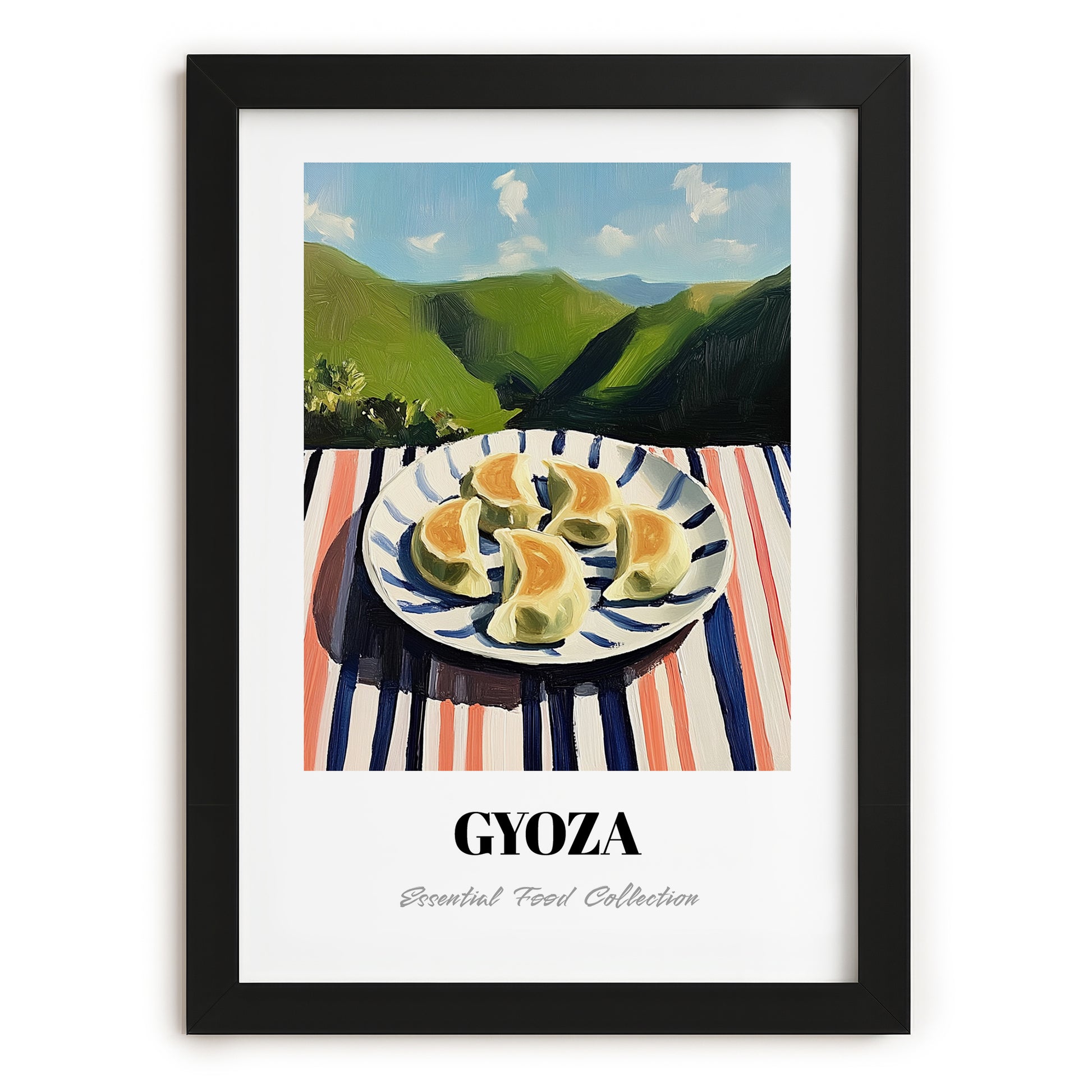 Gyoza – Hilltop Café Scene, Japanese Food Wall Decor, in sleek black frame