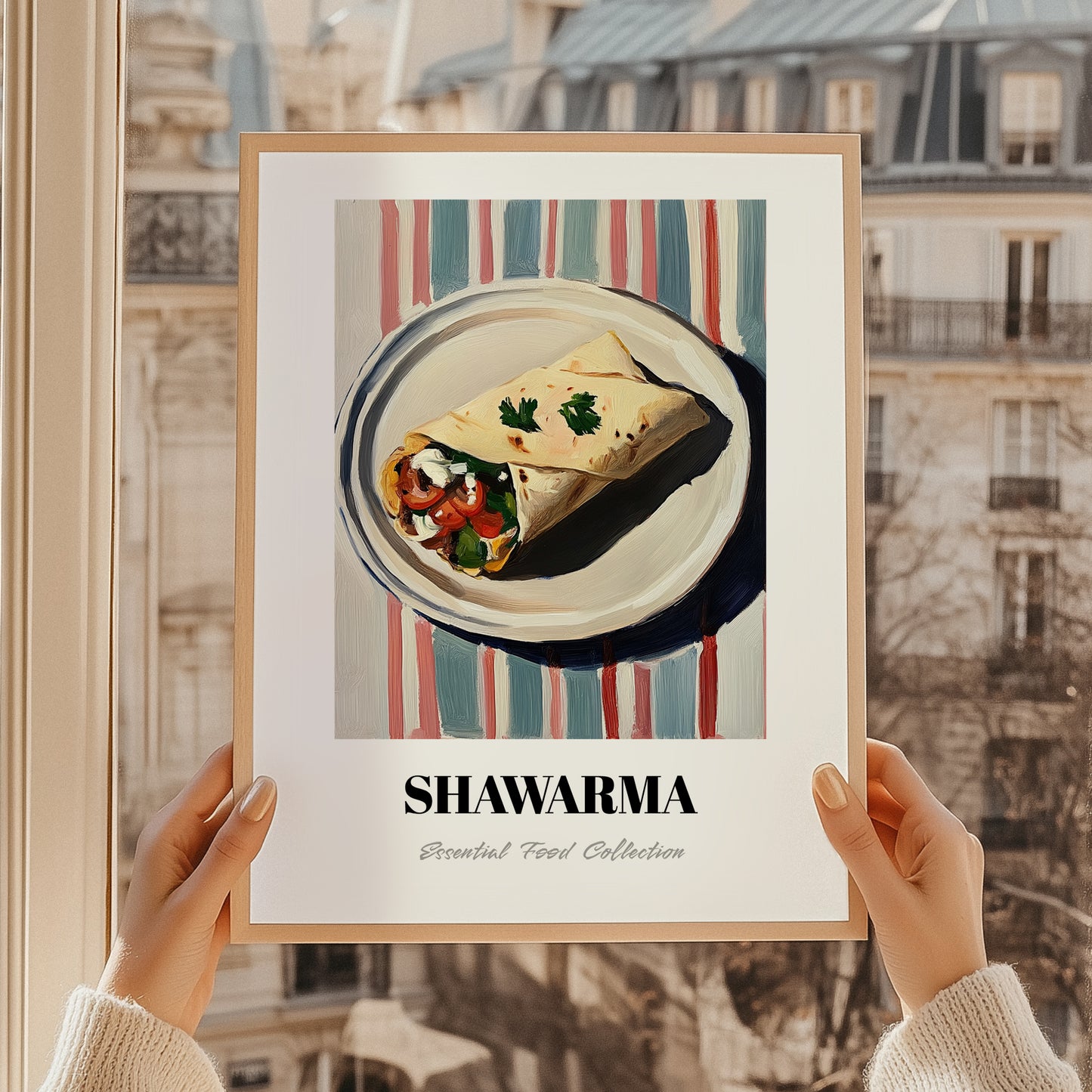 Shawarma – on Striped Tablecloth, Middle Food Print, styled in a charming Paris street view