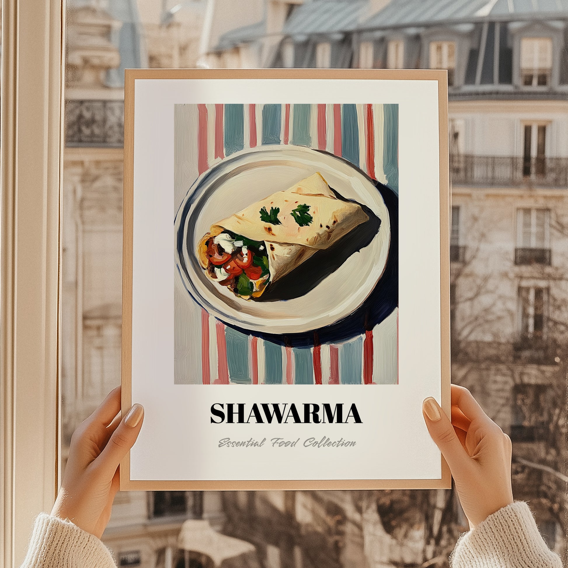 Shawarma – on Striped Tablecloth, Middle Food Print, styled in a charming Paris street view