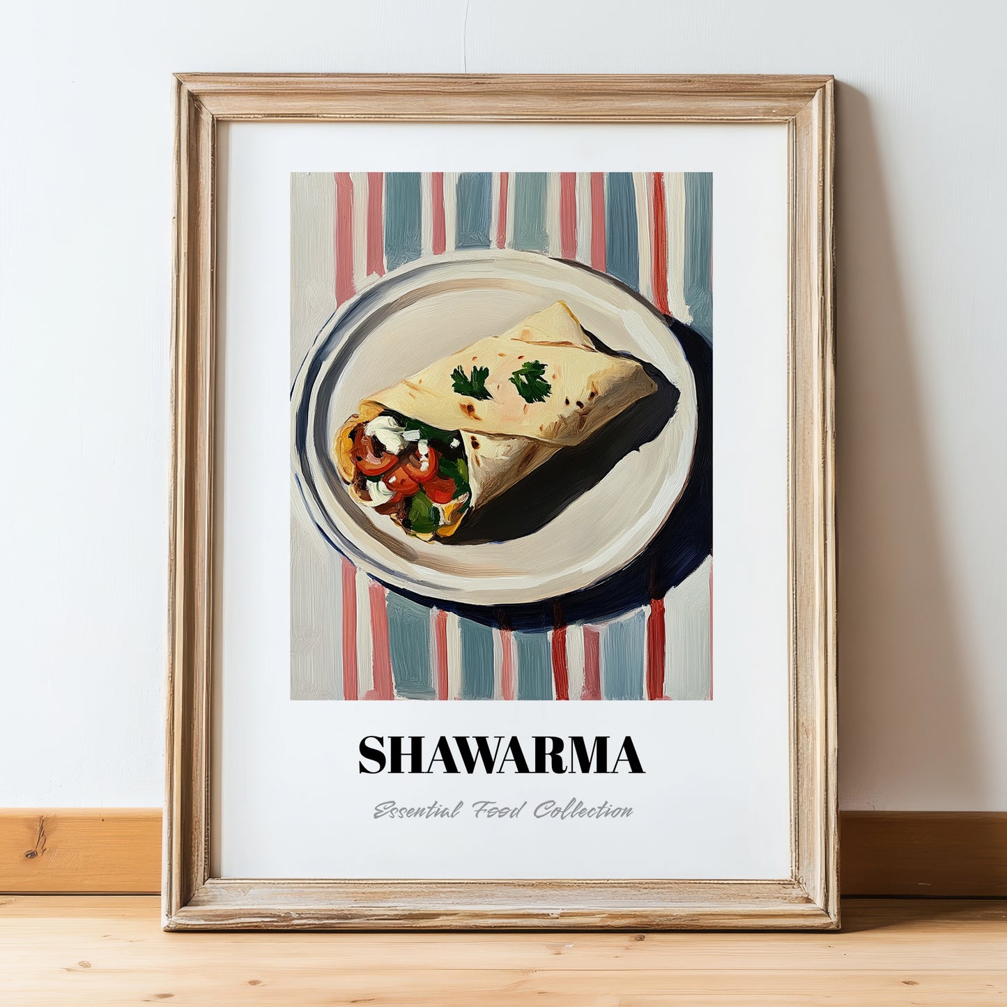 Shawarma – on Striped Tablecloth, Middle Food Print, in wooden frame leaning on the floor