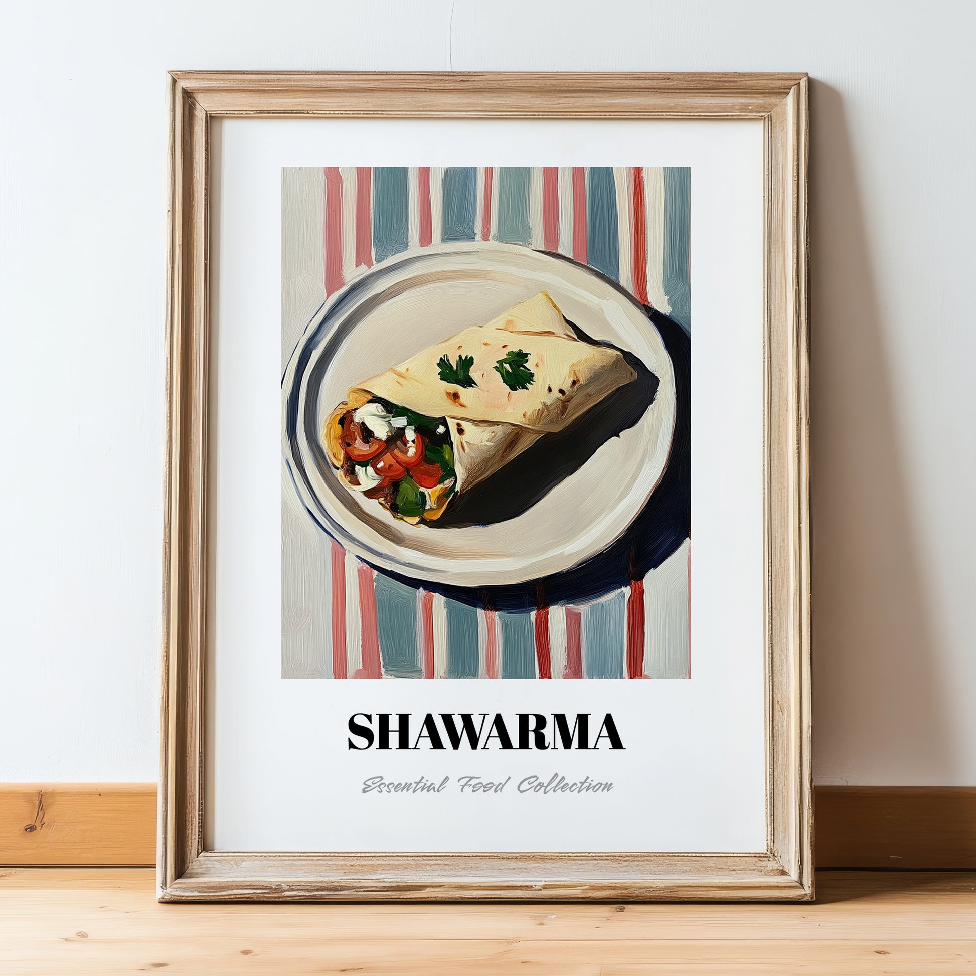 Shawarma – on Striped Tablecloth, Middle Food Print, in wooden frame leaning on the floor