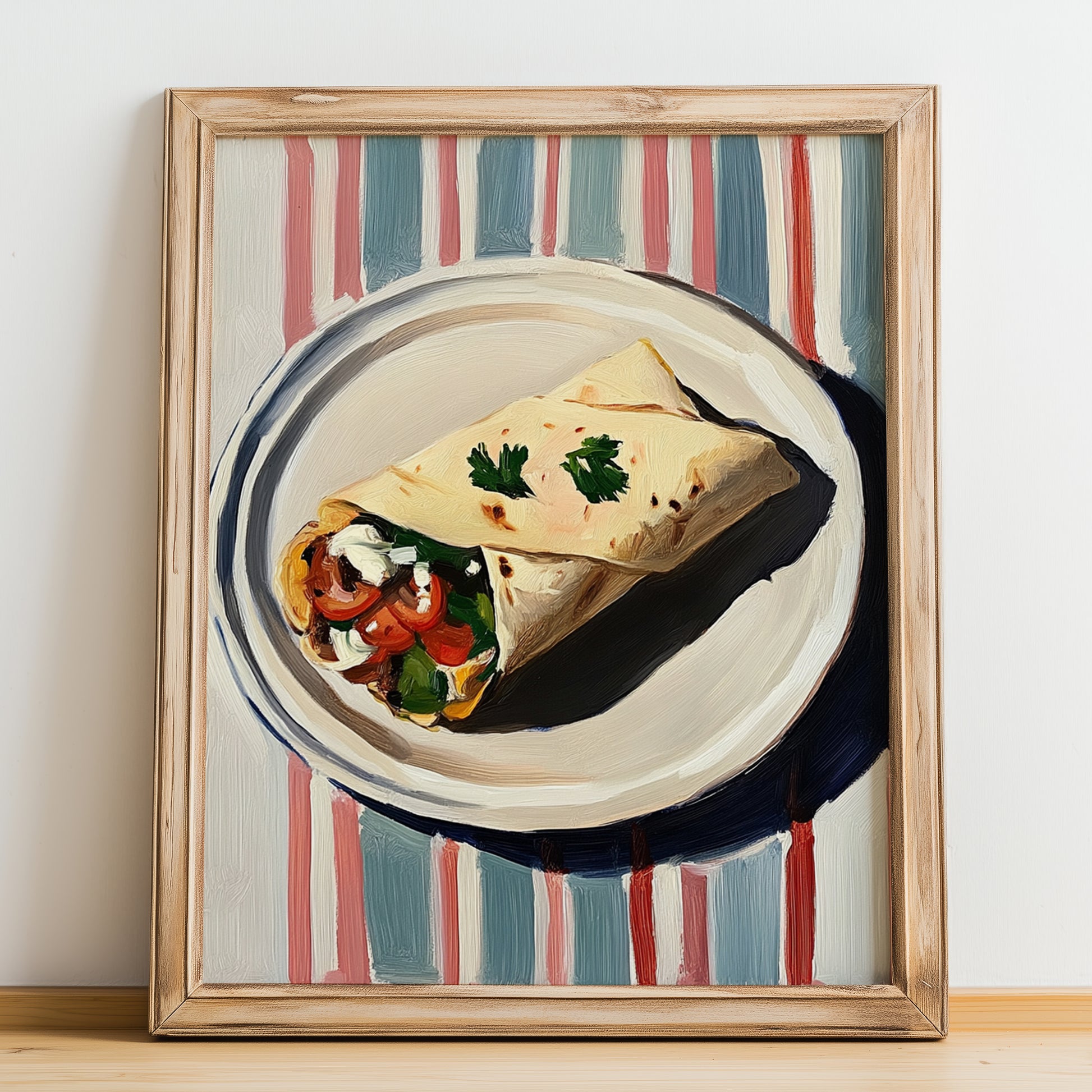 Shawarma – on Striped Tablecloth, Middle Food Print, no-text version framed in wood