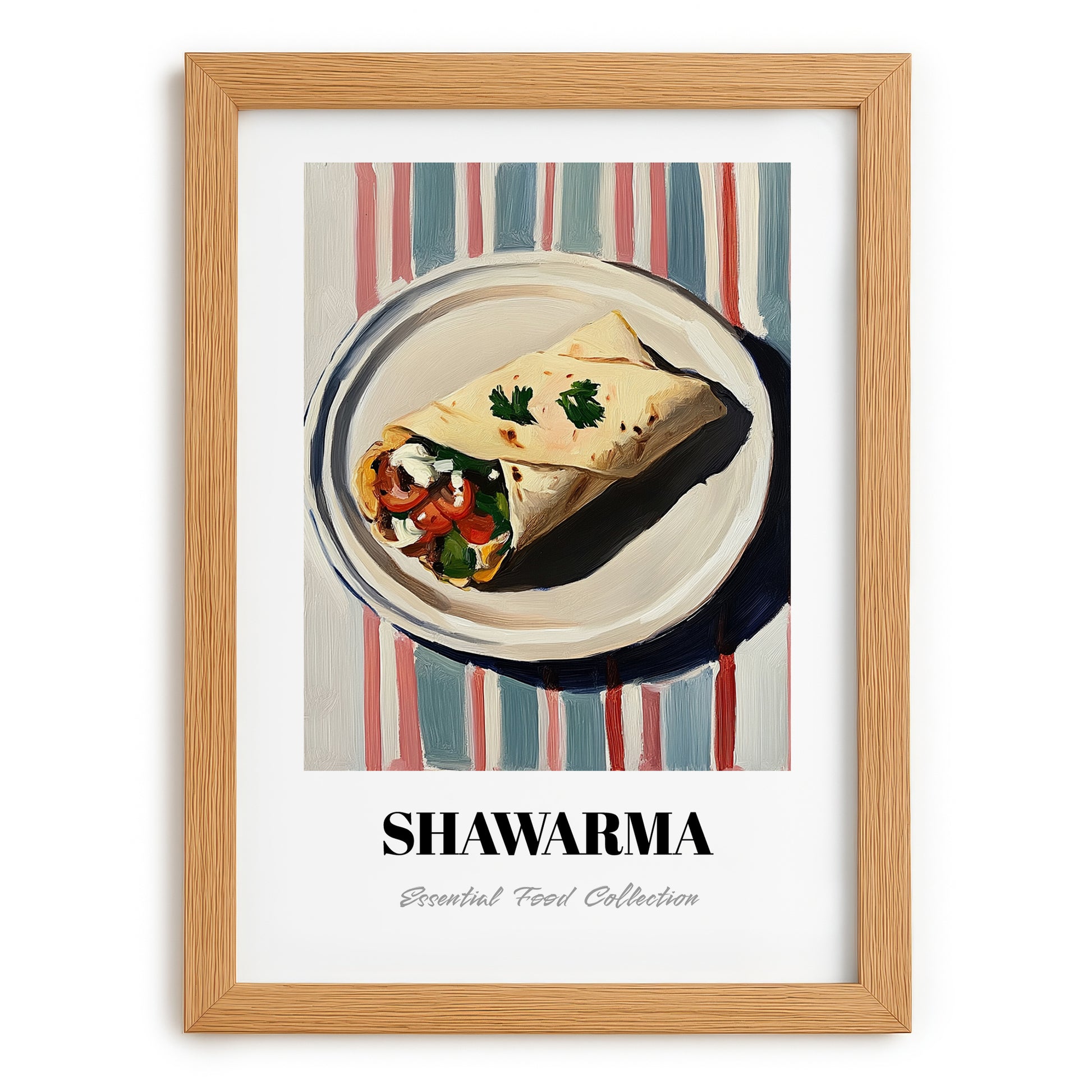 Shawarma – on Striped Tablecloth, Middle Food Print, set in oak frame